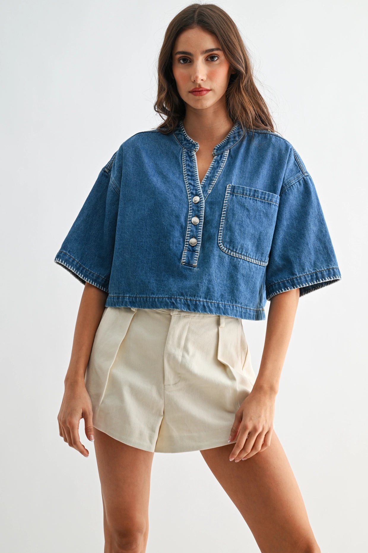 Button-Front Cropped Denim Top with Pocket