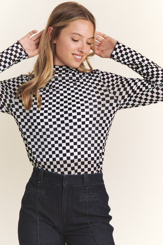 Checkerboard Mesh Sheer Top
