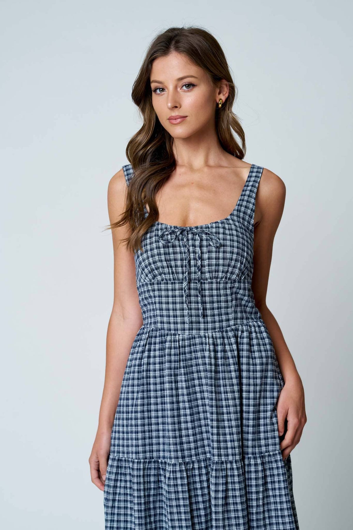 PLAID FRONT TIE CORSET MIDI DRESS