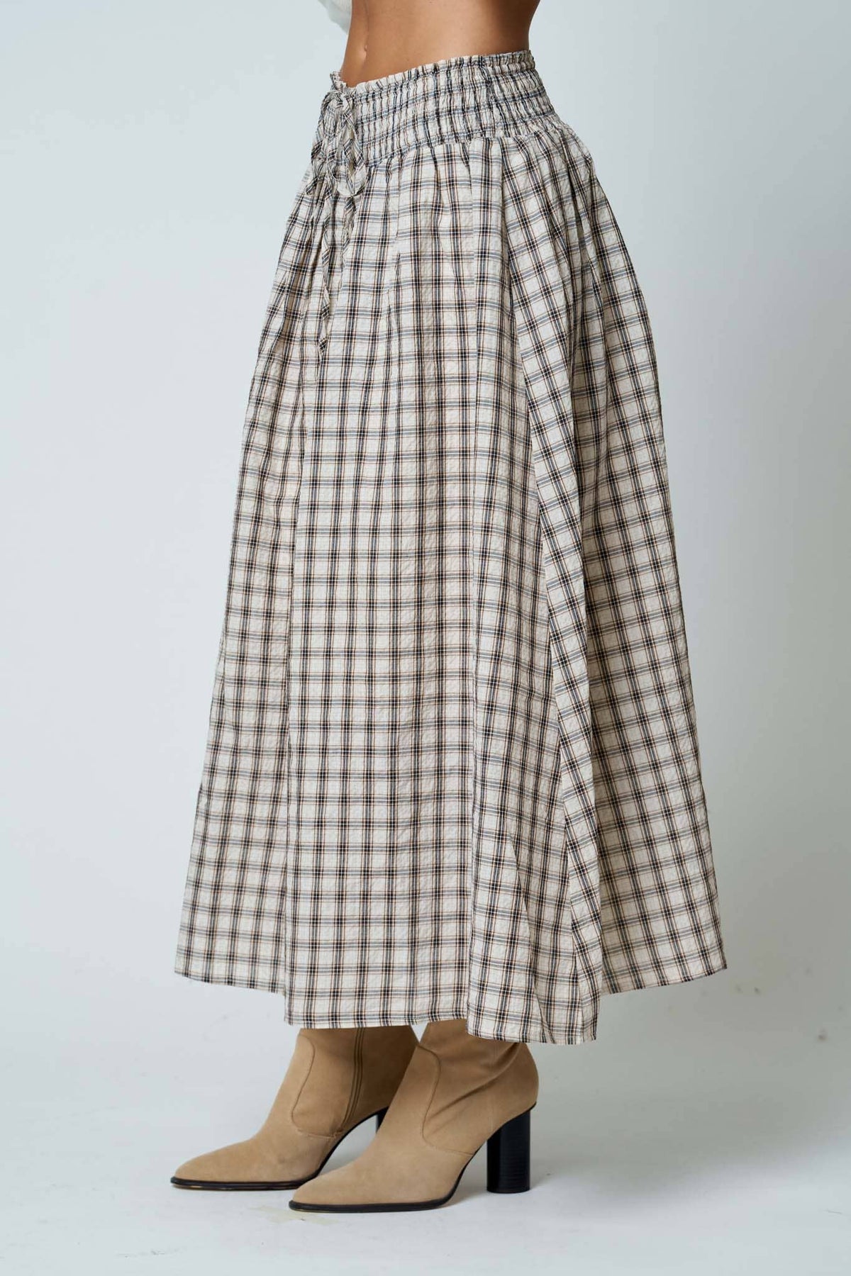 Brown Plaid Smocked Waist Midi Skirt