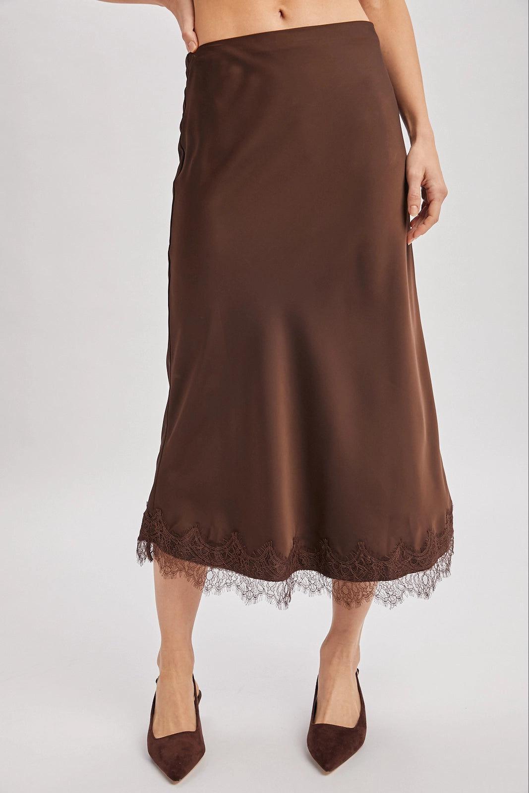 Satin Lace Trimmed Midi Skirt