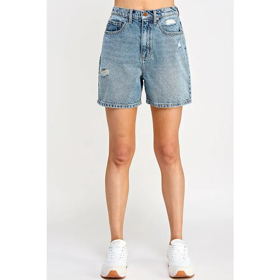 Mid-Wash Cotton Denim Mom Shorts