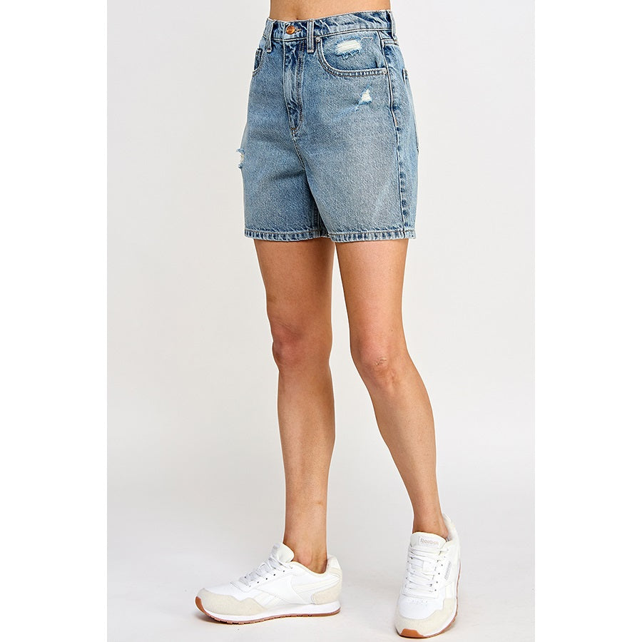 Mid-Wash Cotton Denim Mom Shorts
