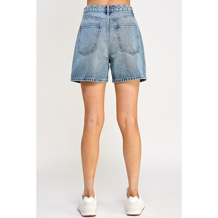 Mid-Wash Cotton Denim Mom Shorts