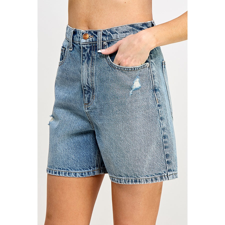 Mid-Wash Cotton Denim Mom Shorts