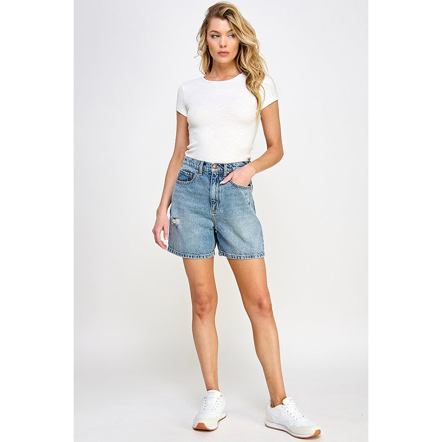 Mid-Wash Cotton Denim Mom Shorts