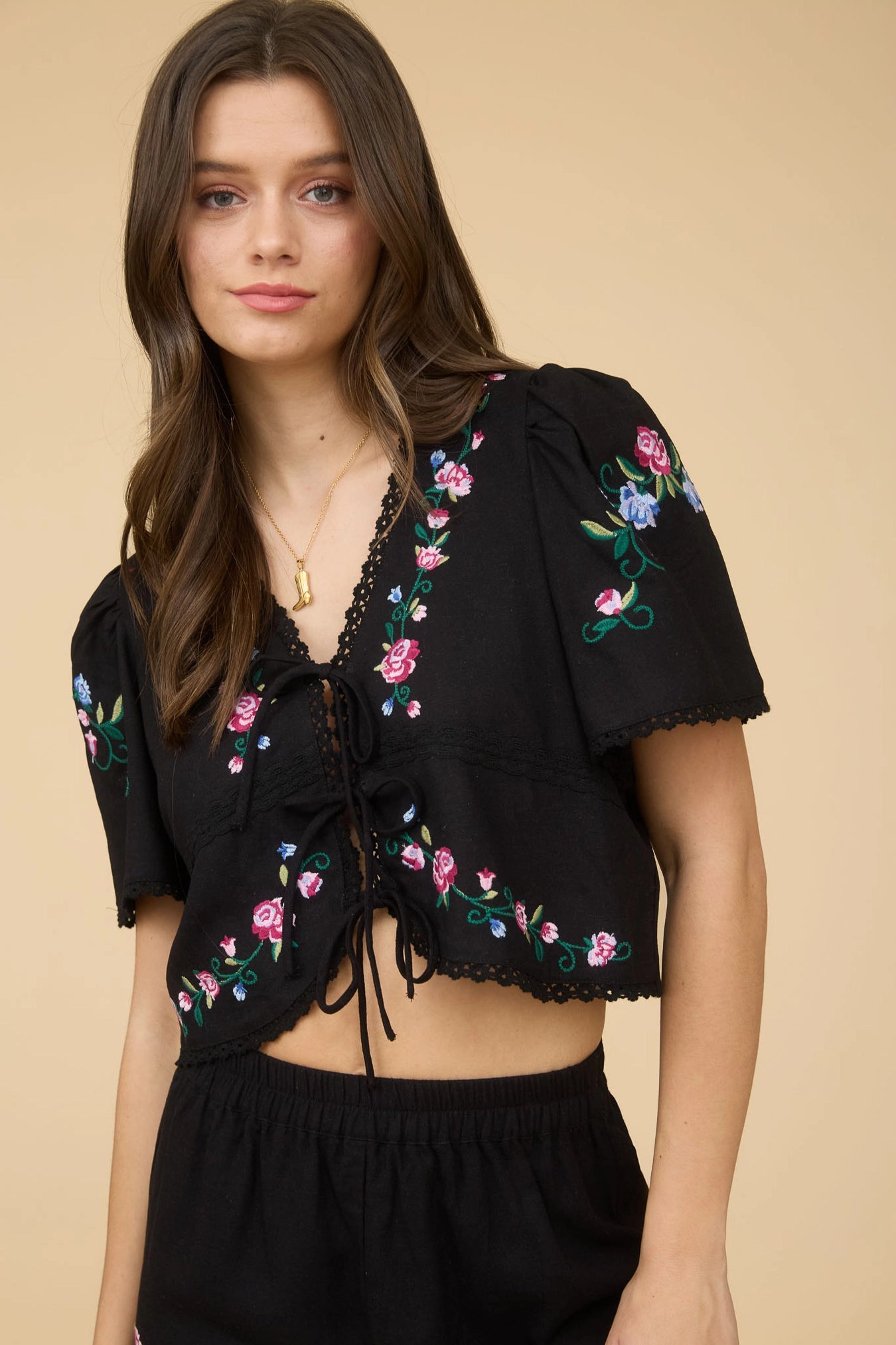 Floral Embroidery Tie Front Blouse