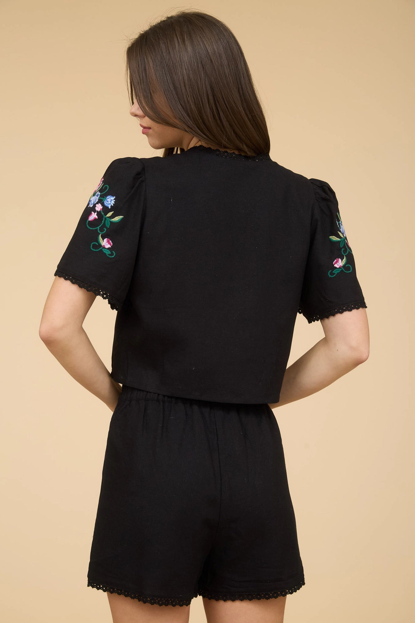 Floral Embroidery Tie Front Blouse