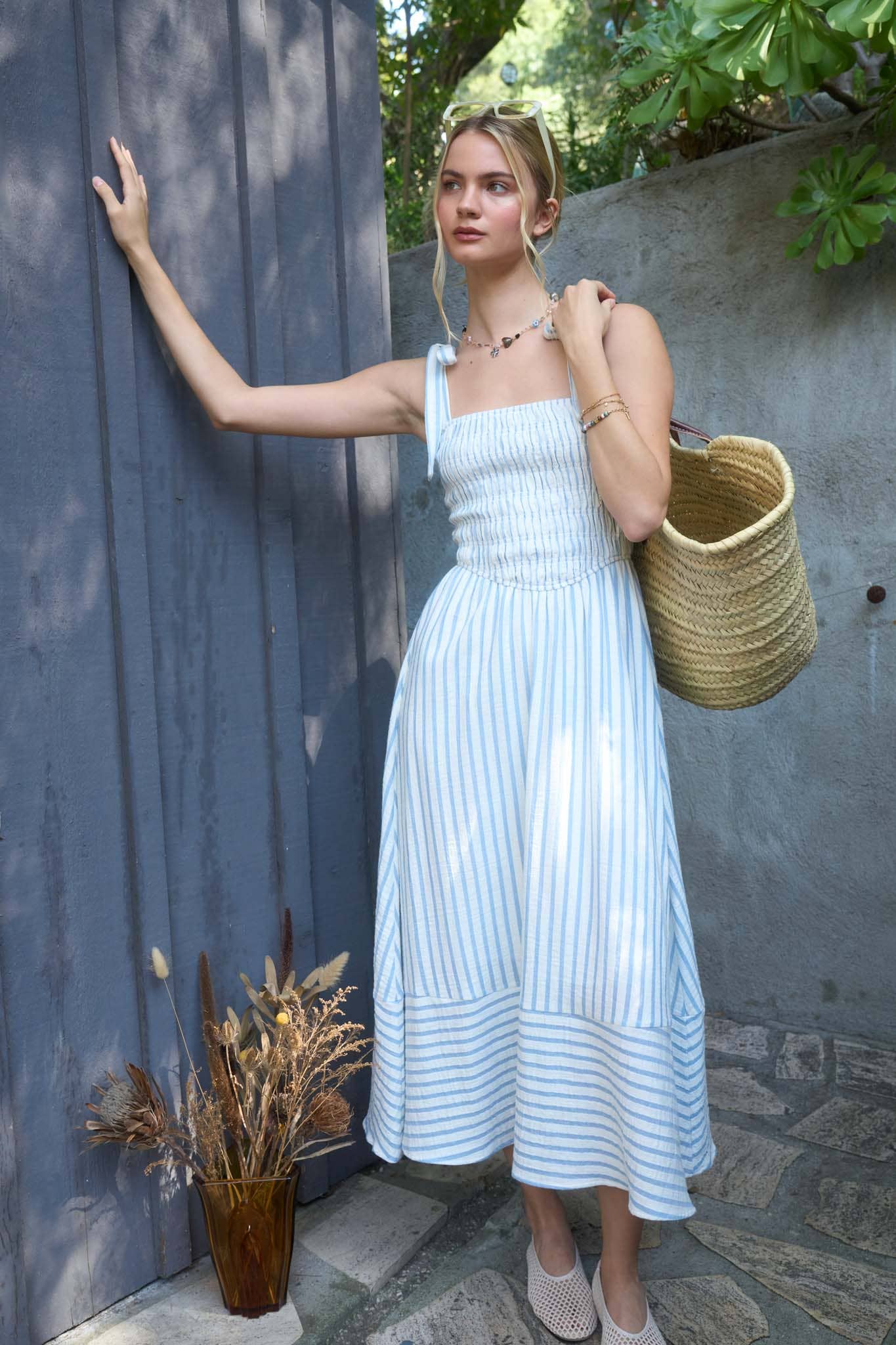 Striped Tie Strap Basque Waist Dress