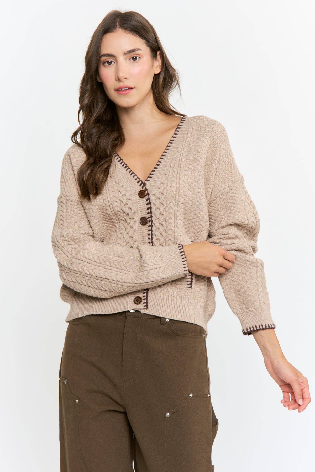 Mocha Cable Knit Button-Down Cardigan