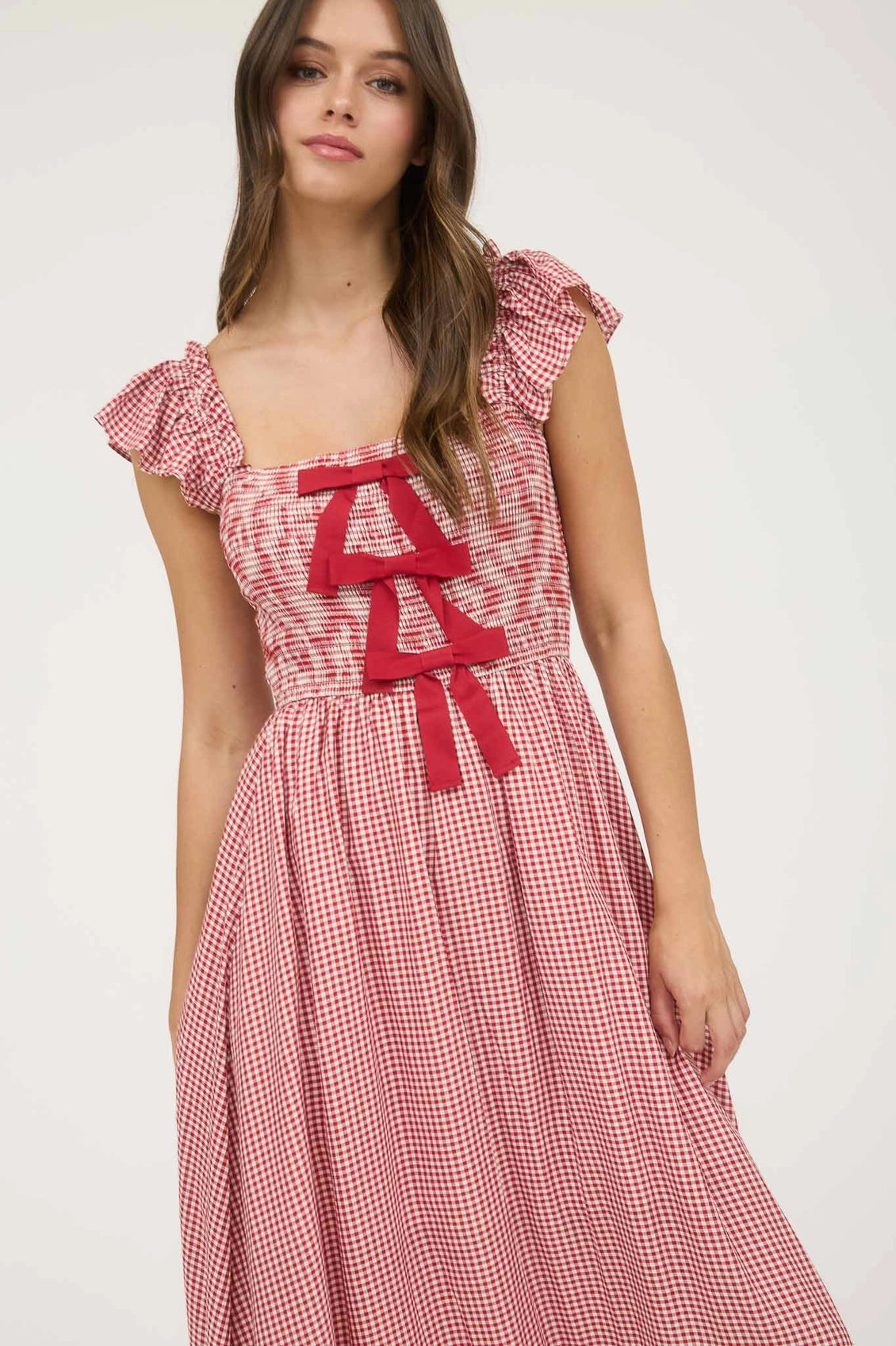 Red Gingham Bow Detail Christmas Maxi Dress