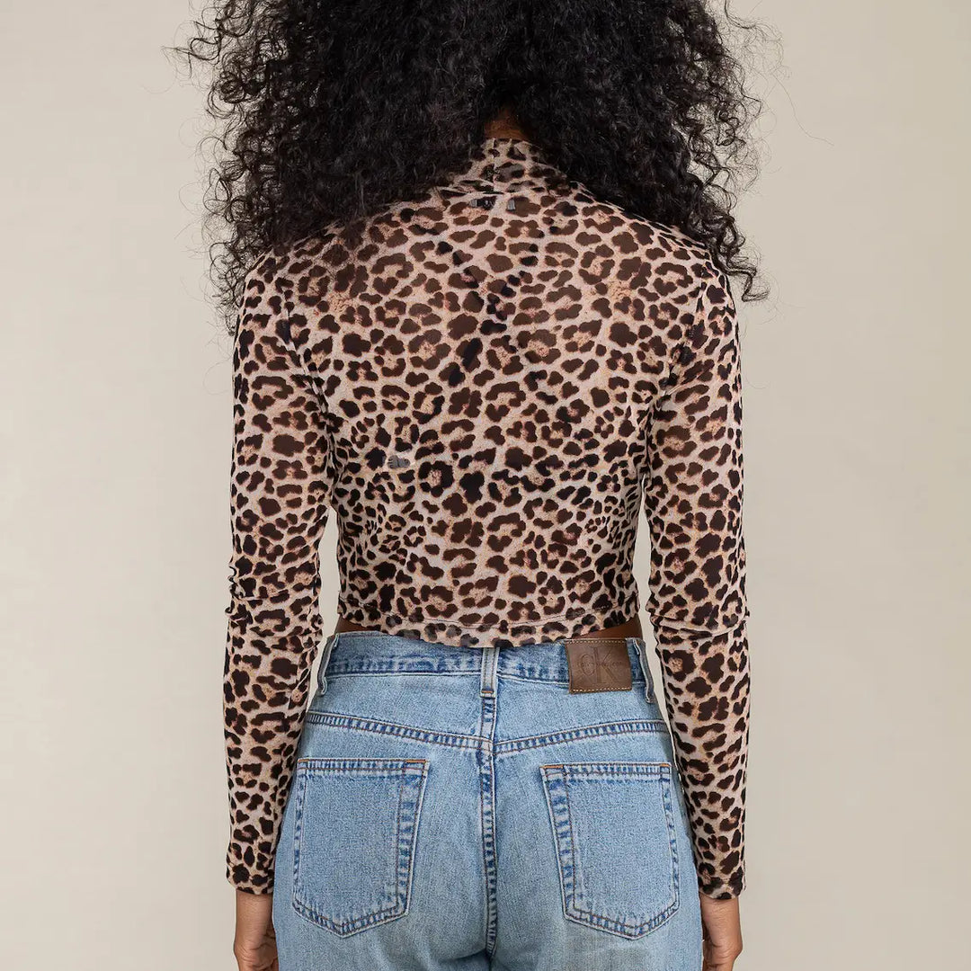 Cheetah Mesh Mock Neck Sheer Top