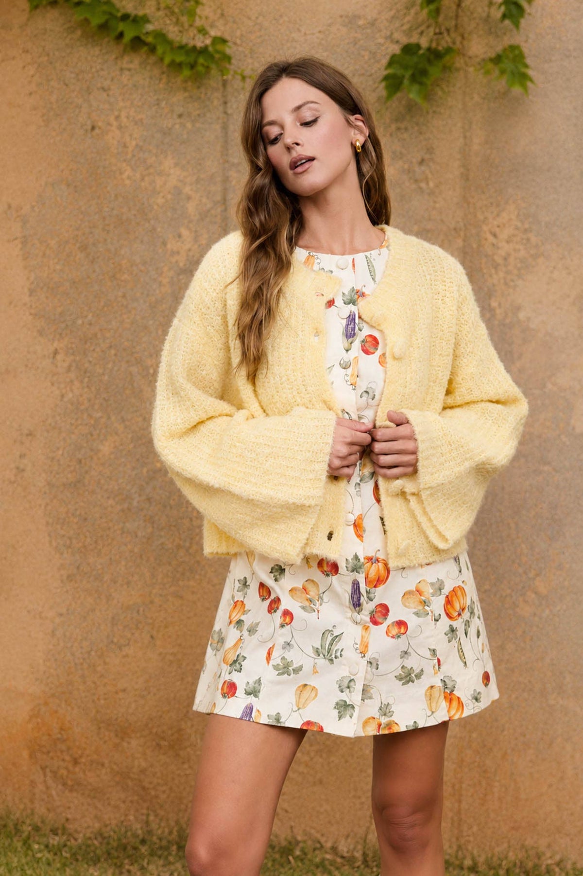 FALL PATTERN SLEEVELESS BUTTON DOWN MINI DRESS