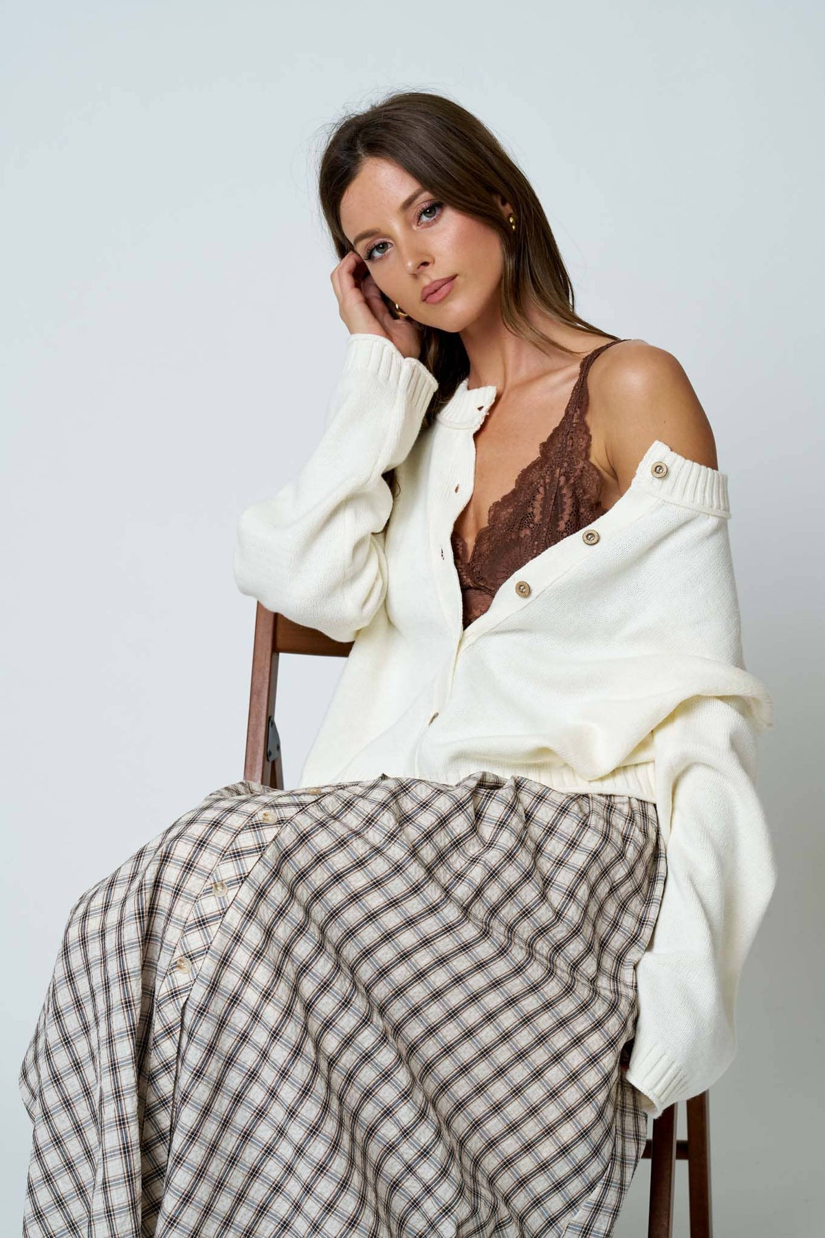 Brown Plaid Smocked Waist Midi Skirt