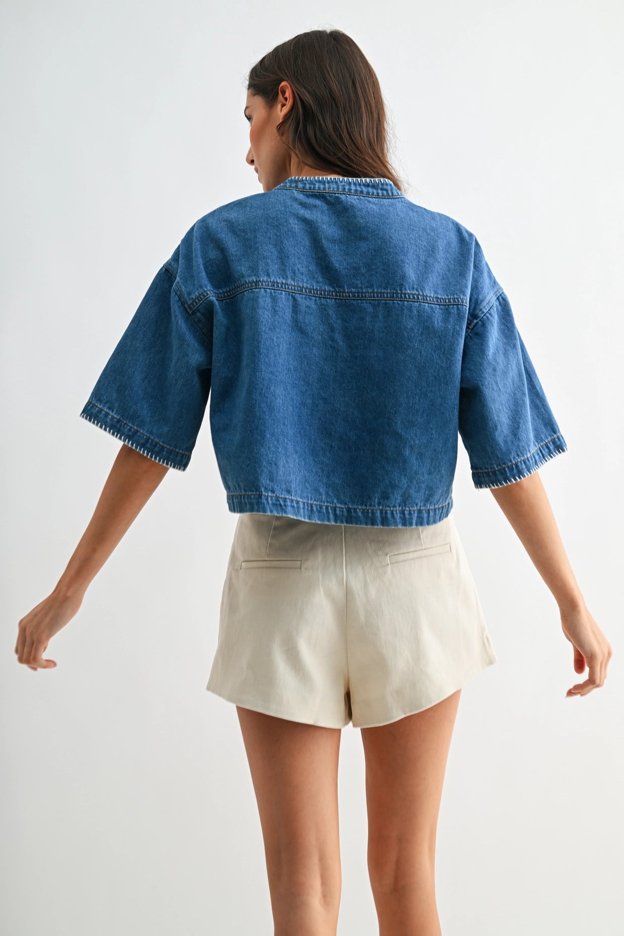 Button-Front Cropped Denim Top with Pocket