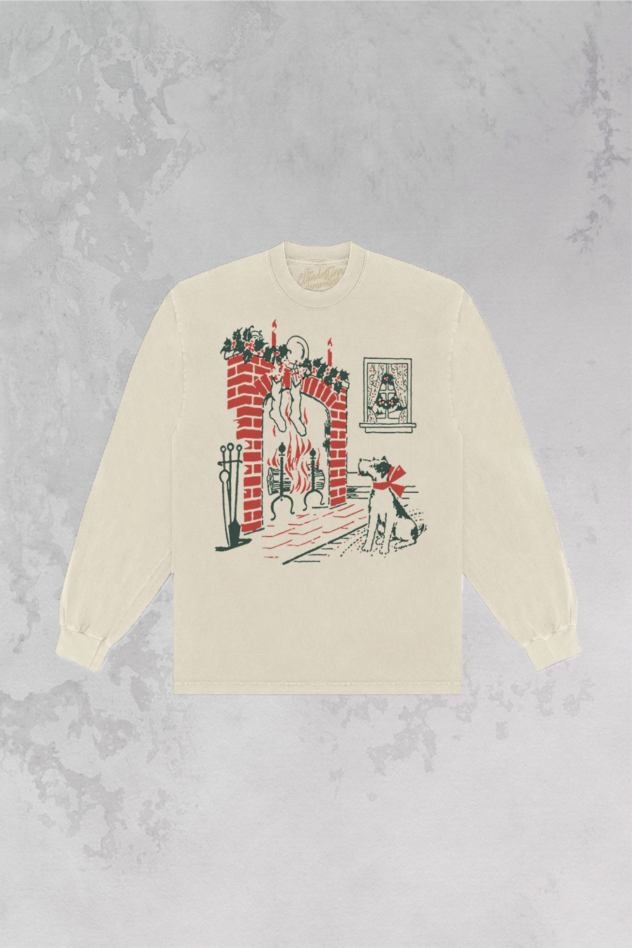 Underground Original Design: Dog at Fireplace, Christmas Long Sleeve Oversized T-Shirt
