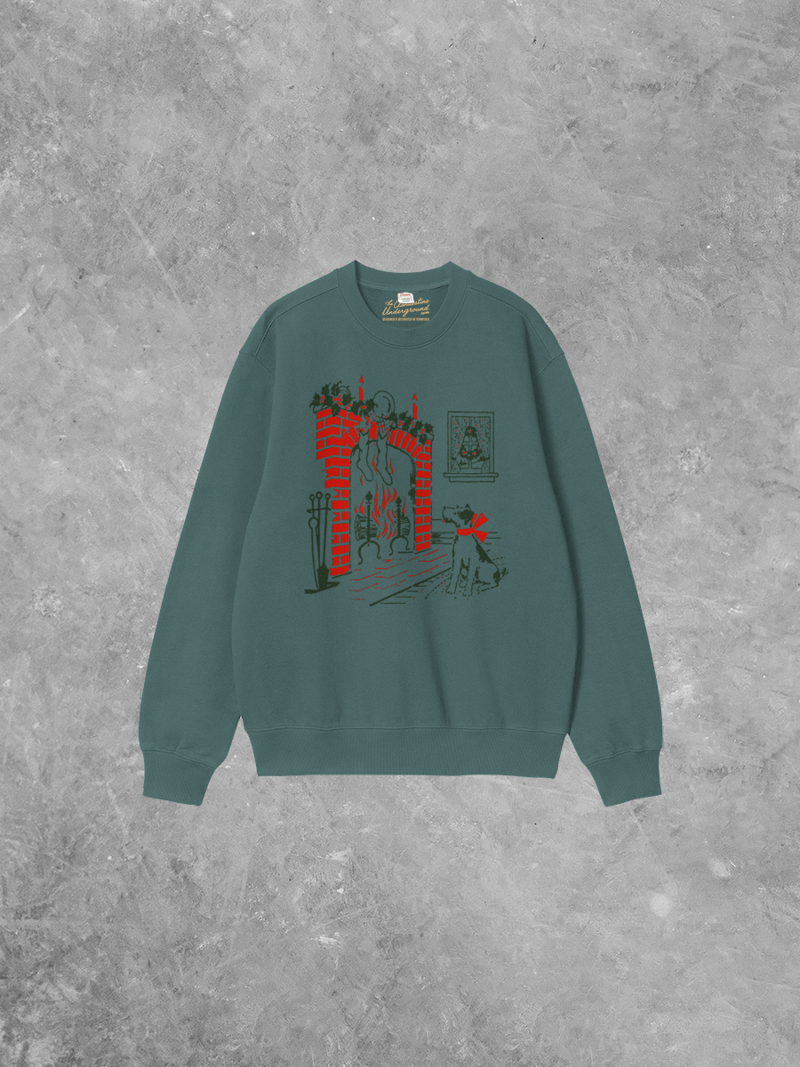 Underground Original Design: Dog at Fireplace Boxy Cotton 90's Christmas Sweatshirt