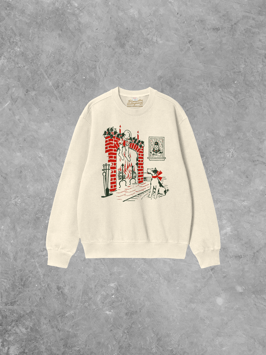 Underground Original Design: Dog at Fireplace Boxy Cotton 90's Christmas Sweatshirt