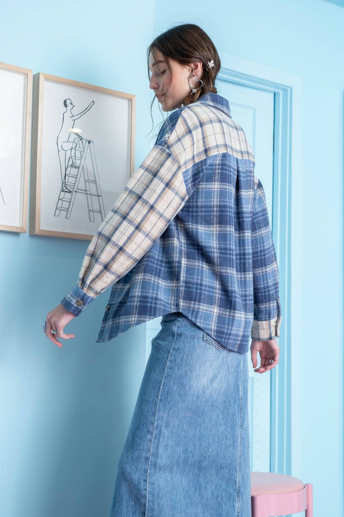 Blue Plaid Boxy Button Down Flannel