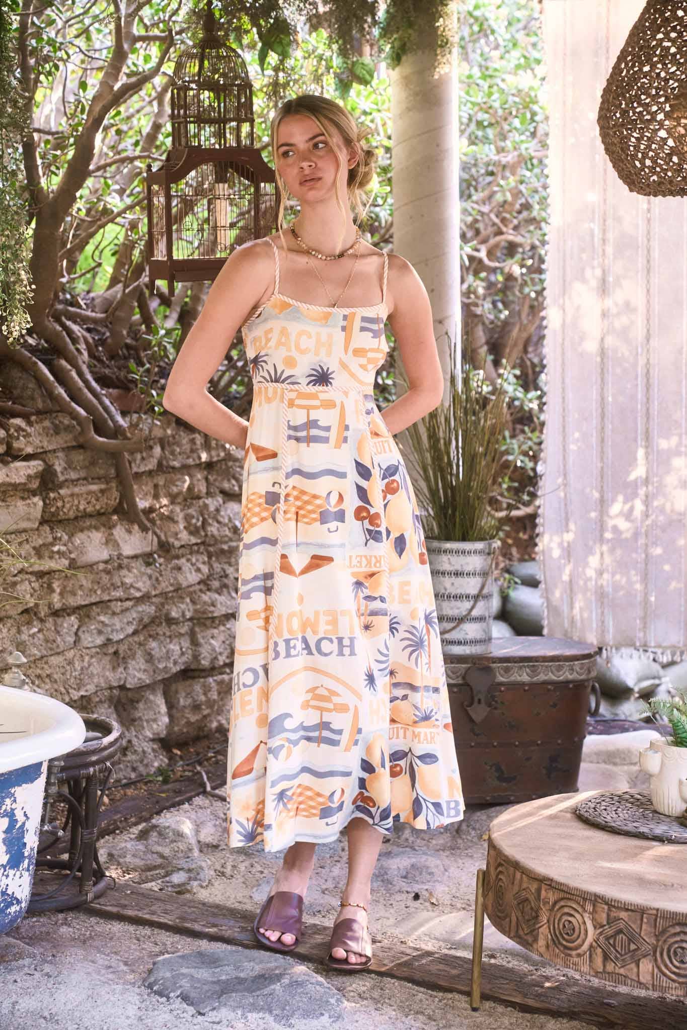 BEACH GRAPHIC SPAGHETTI STRAP MIDI DRESS-backorder