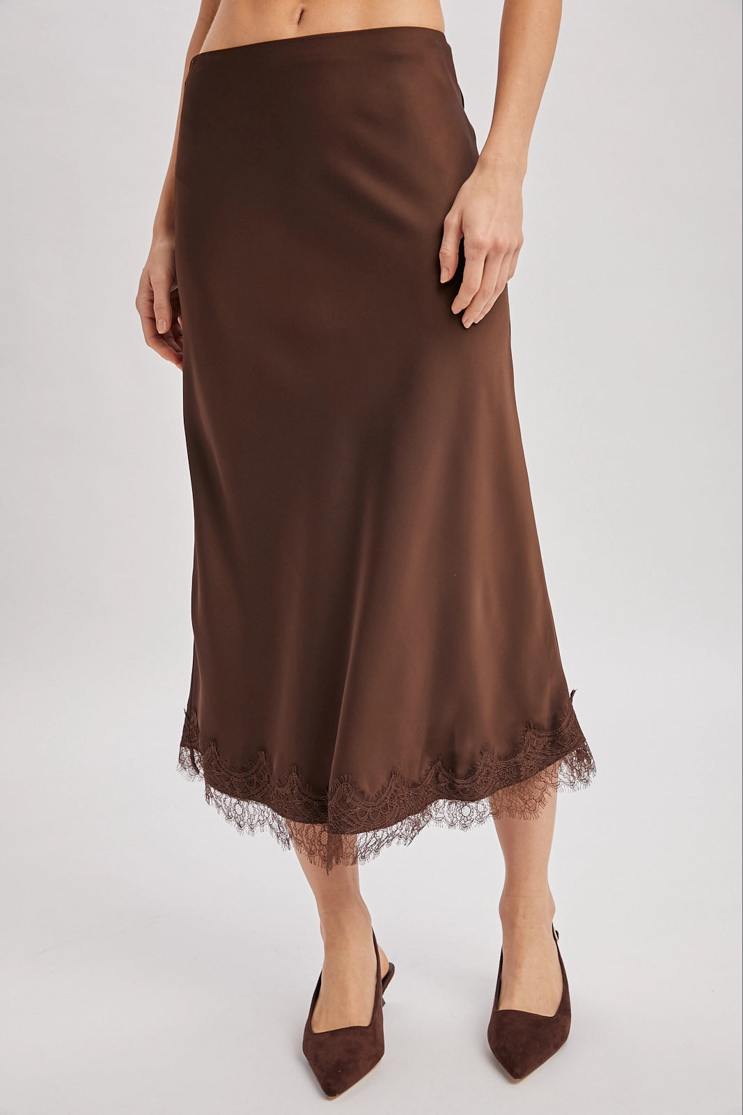 Satin Lace Trimmed Midi Skirt