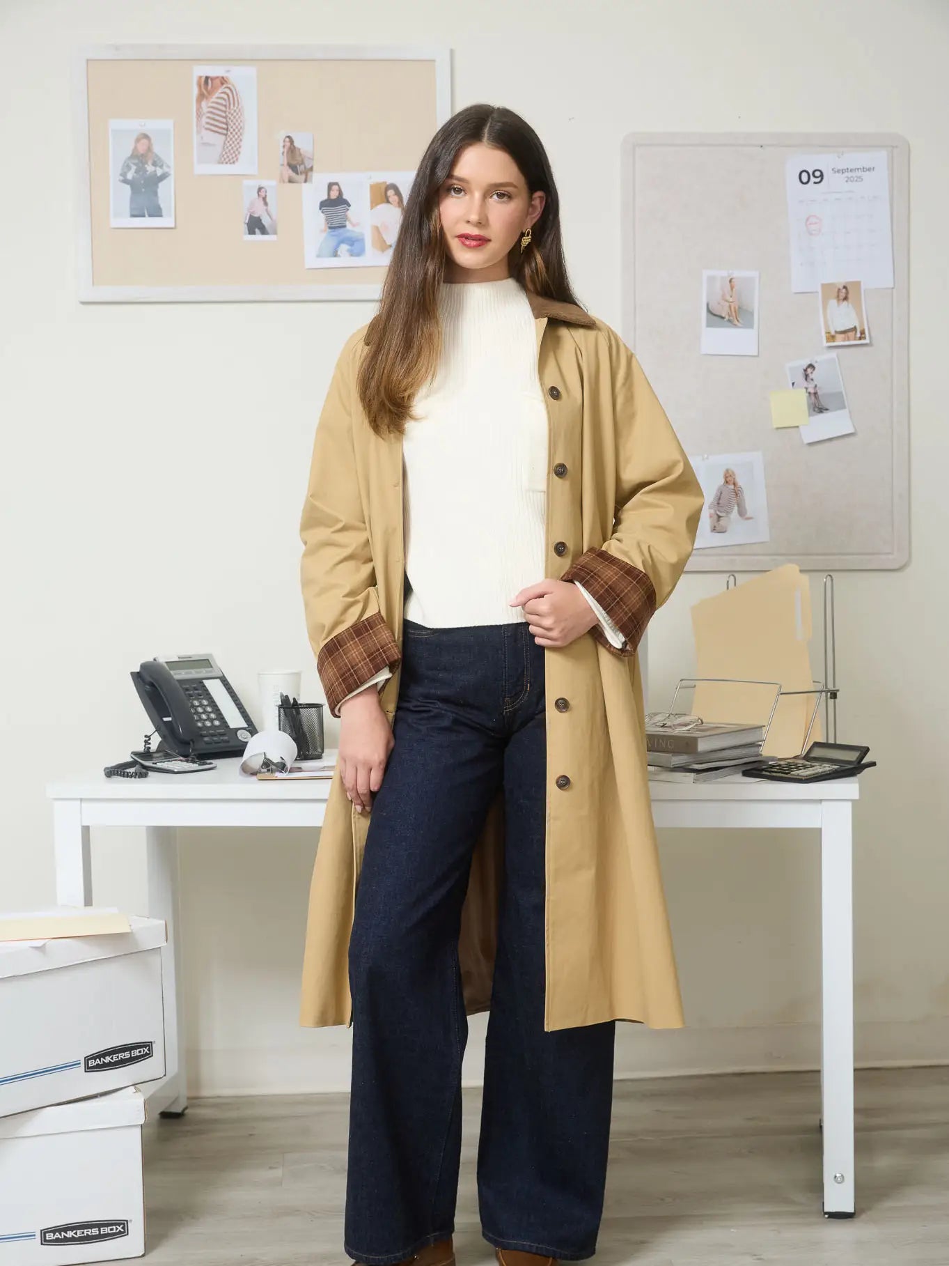 Tan Trench Coat with Plaid Detail