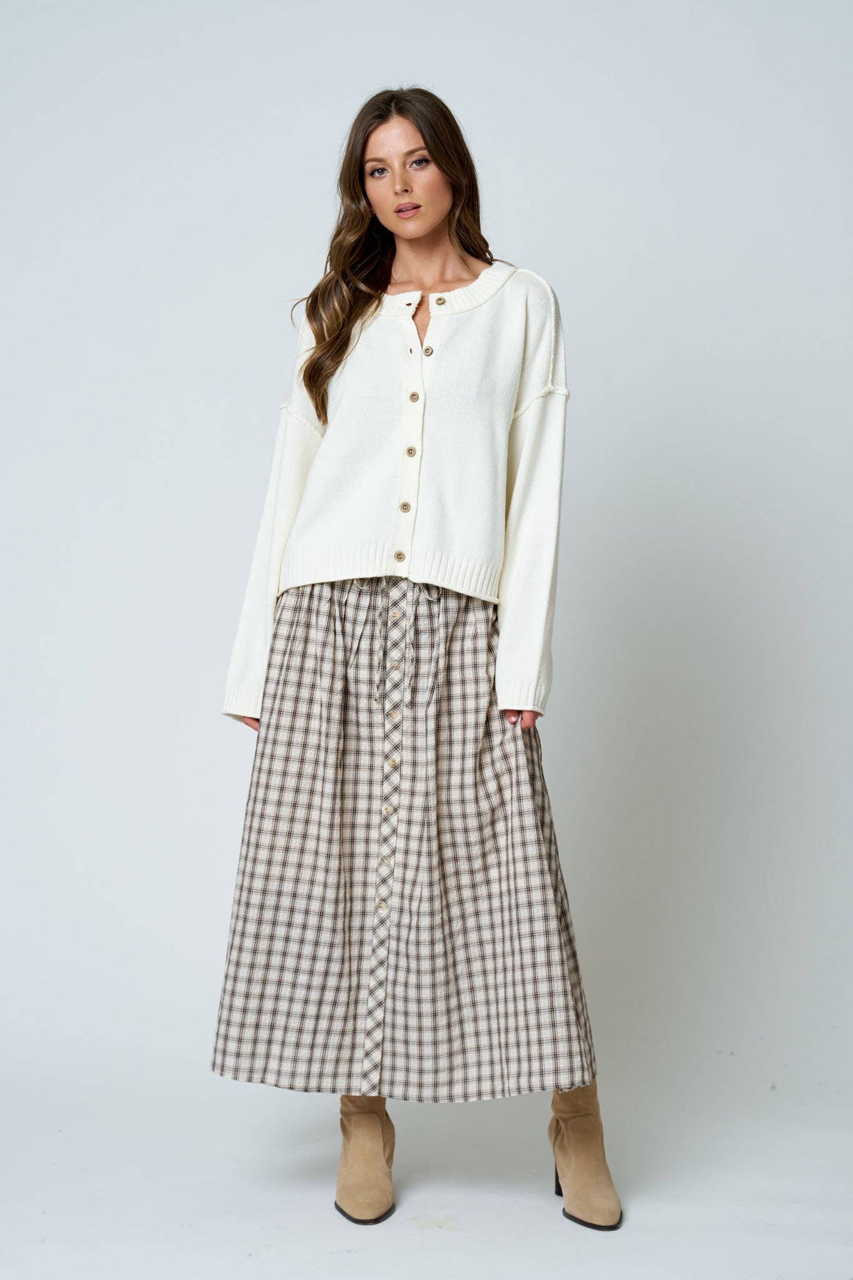 Brown Plaid Smocked Waist Midi Skirt