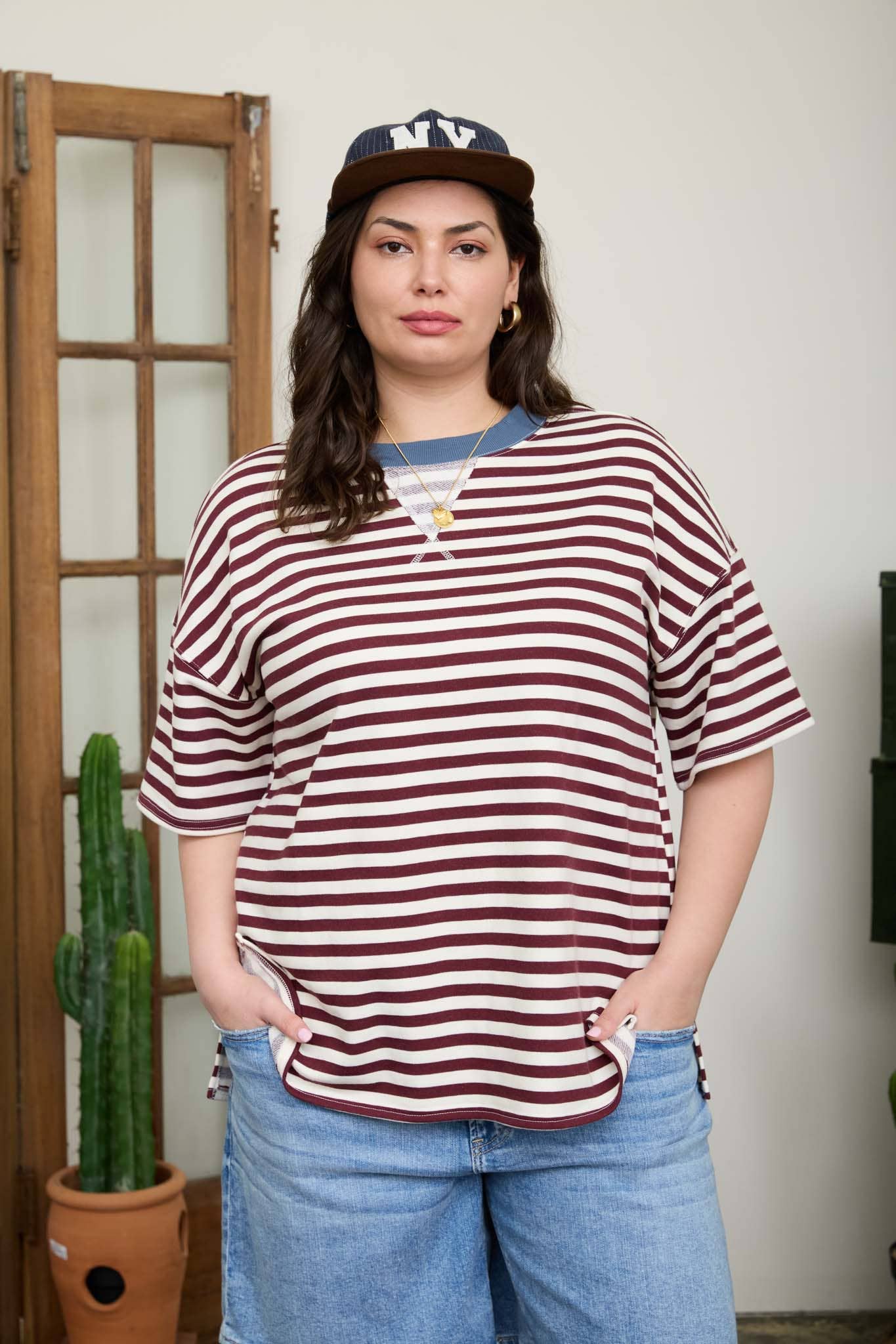 Curvy Striped Colorblock Knit T-Shirt