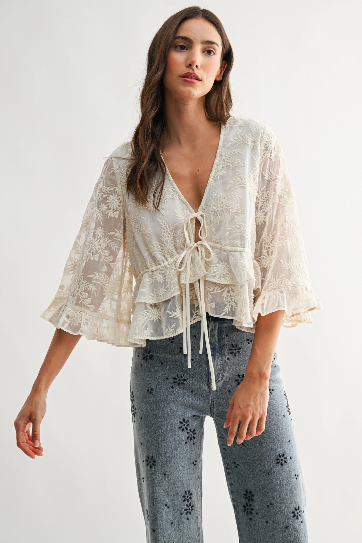 Boho Embroidered Flowy Bell Sleeve Blouse