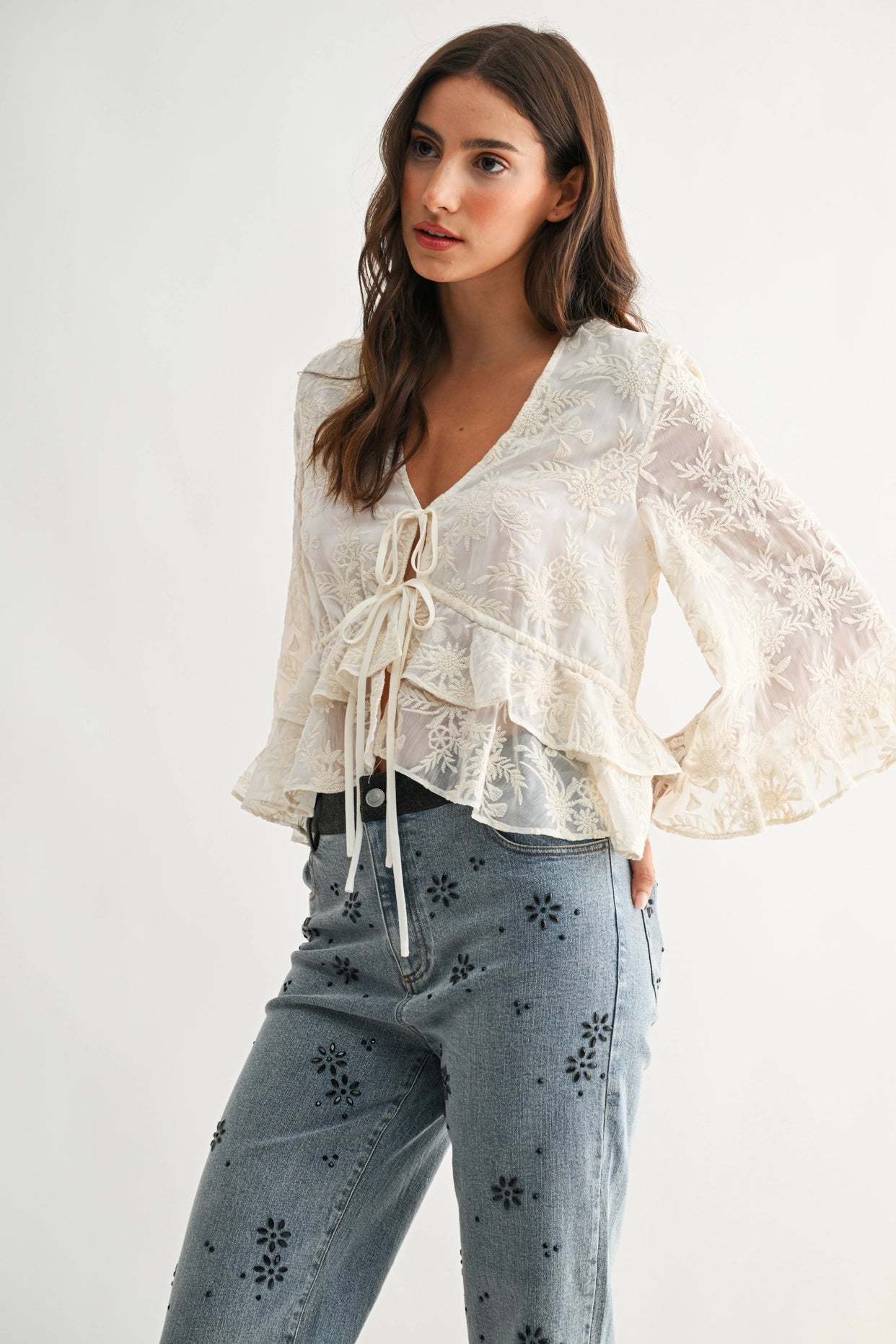 Boho Embroidered Flowy Bell Sleeve Blouse