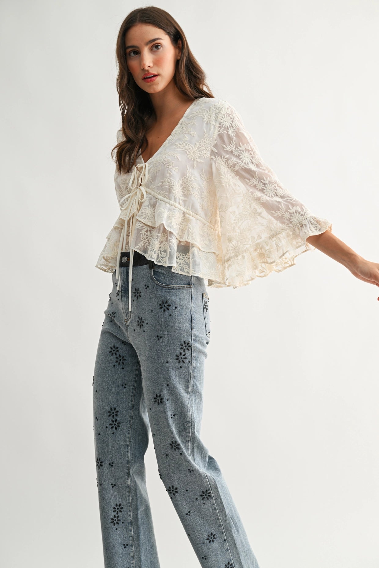 Boho Embroidered Flowy Bell Sleeve Blouse