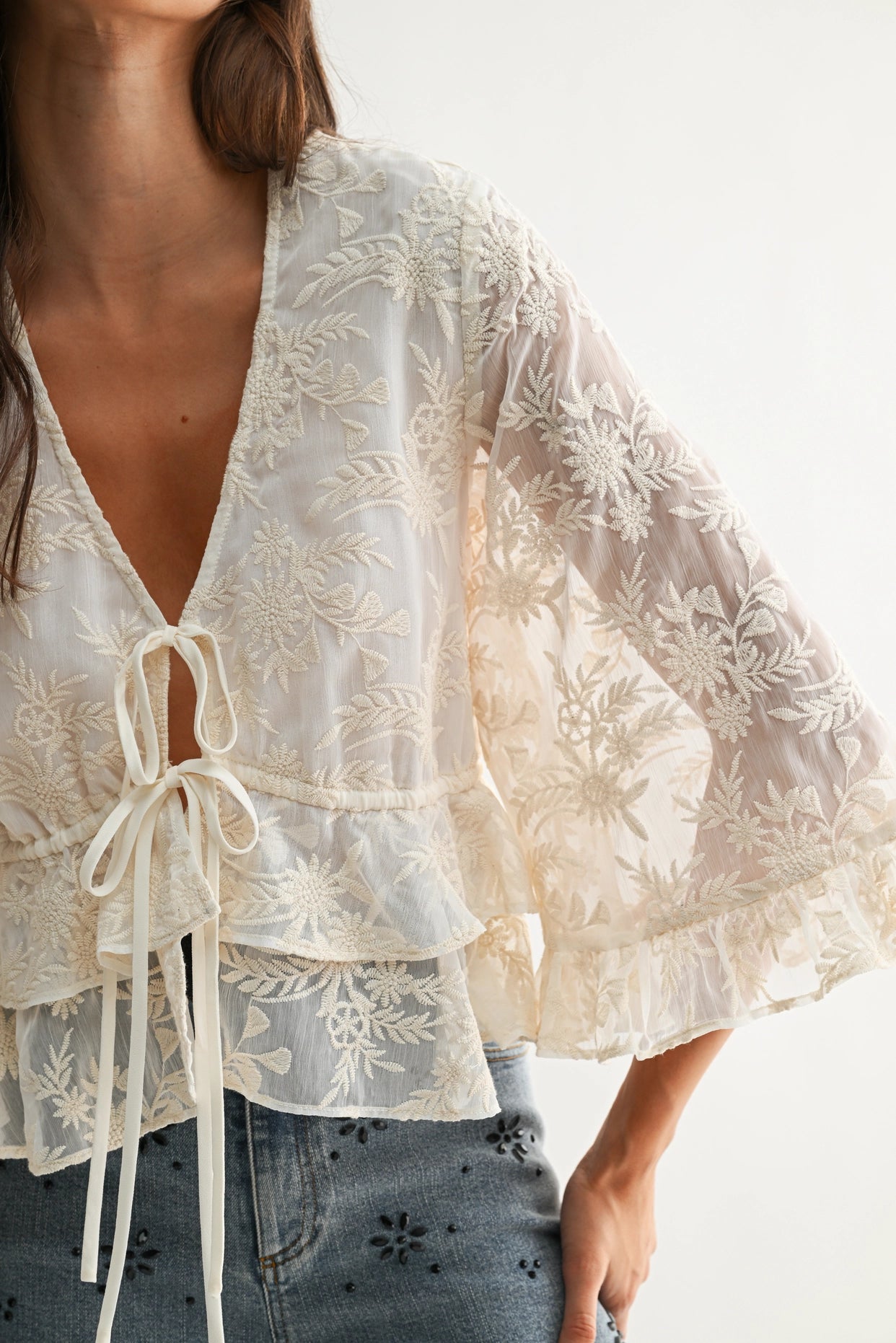 Boho Embroidered Flowy Bell Sleeve Blouse