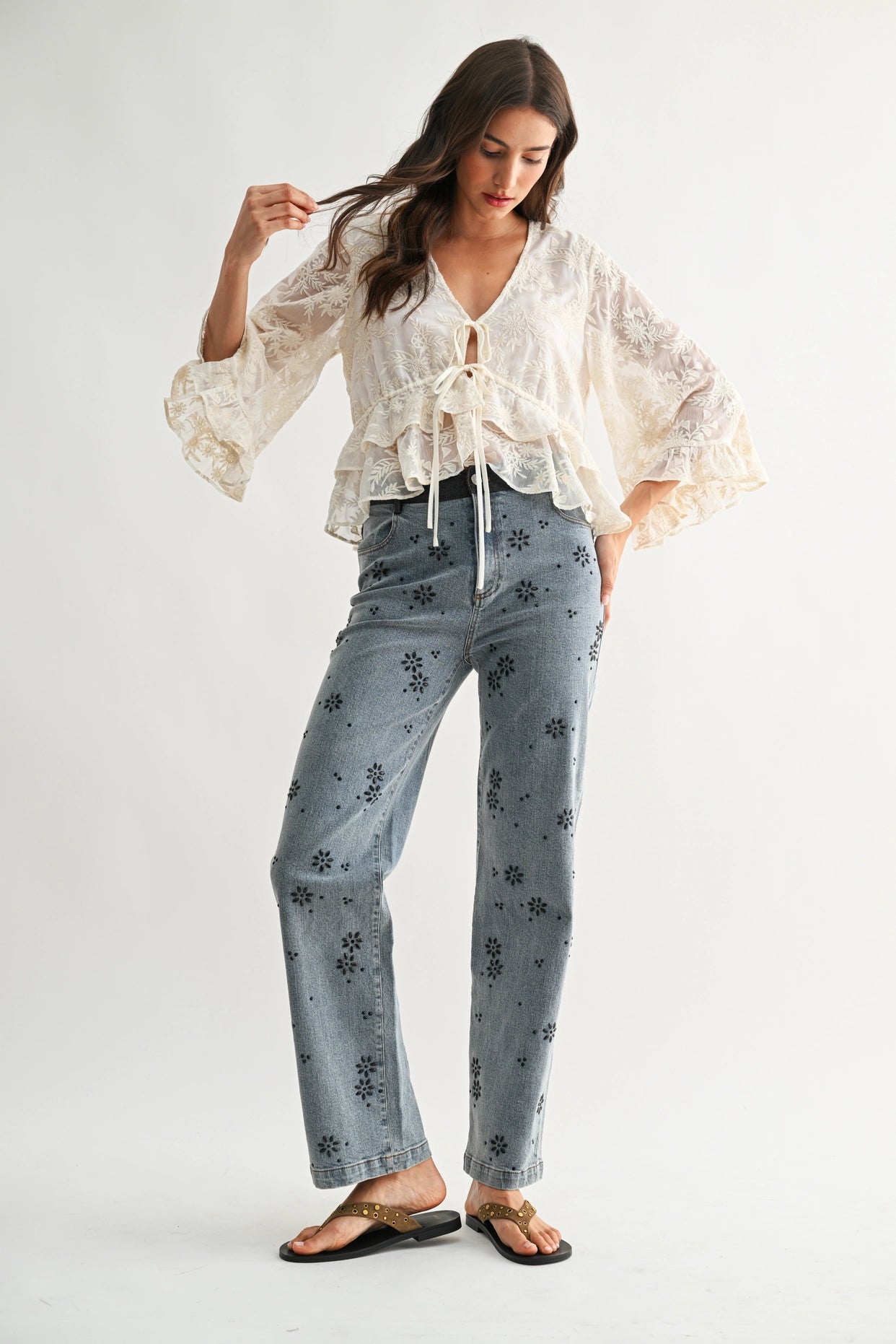 Boho Embroidered Flowy Bell Sleeve Blouse