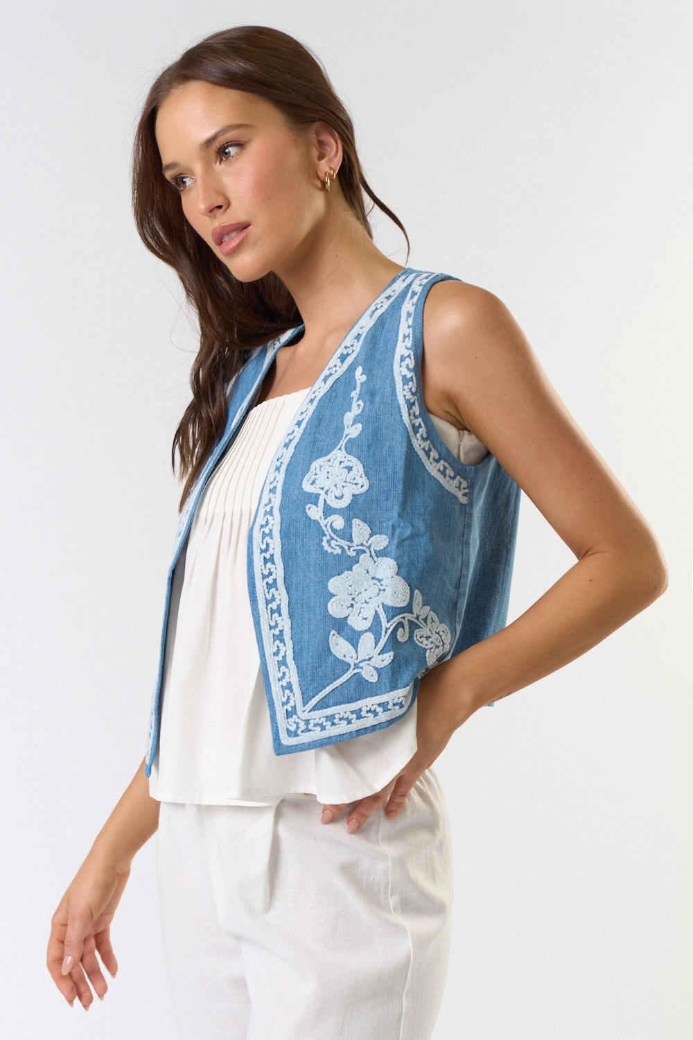 Embroidery Detail Denim Vest Tank
