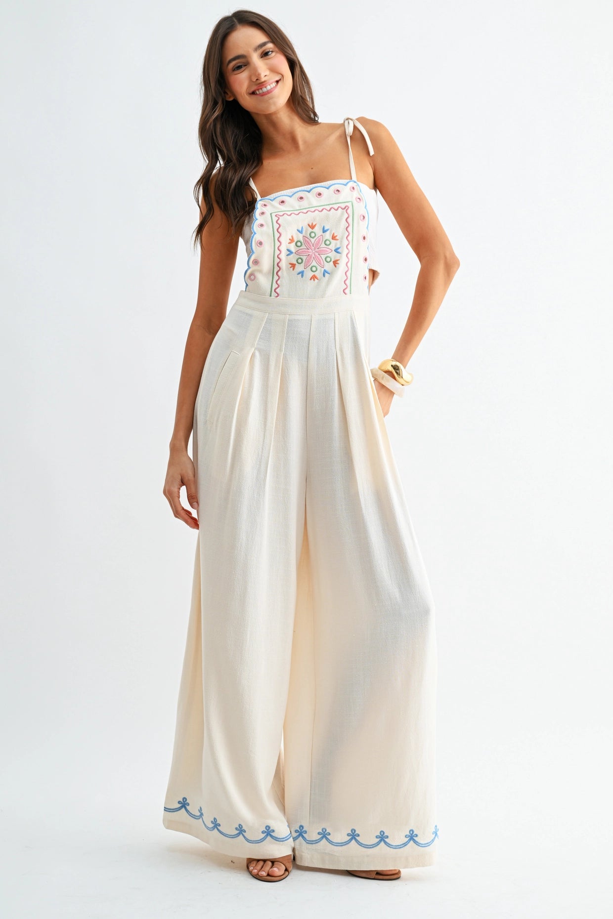 Linen Blend Embroider Detail Wide Leg Jumpsuit