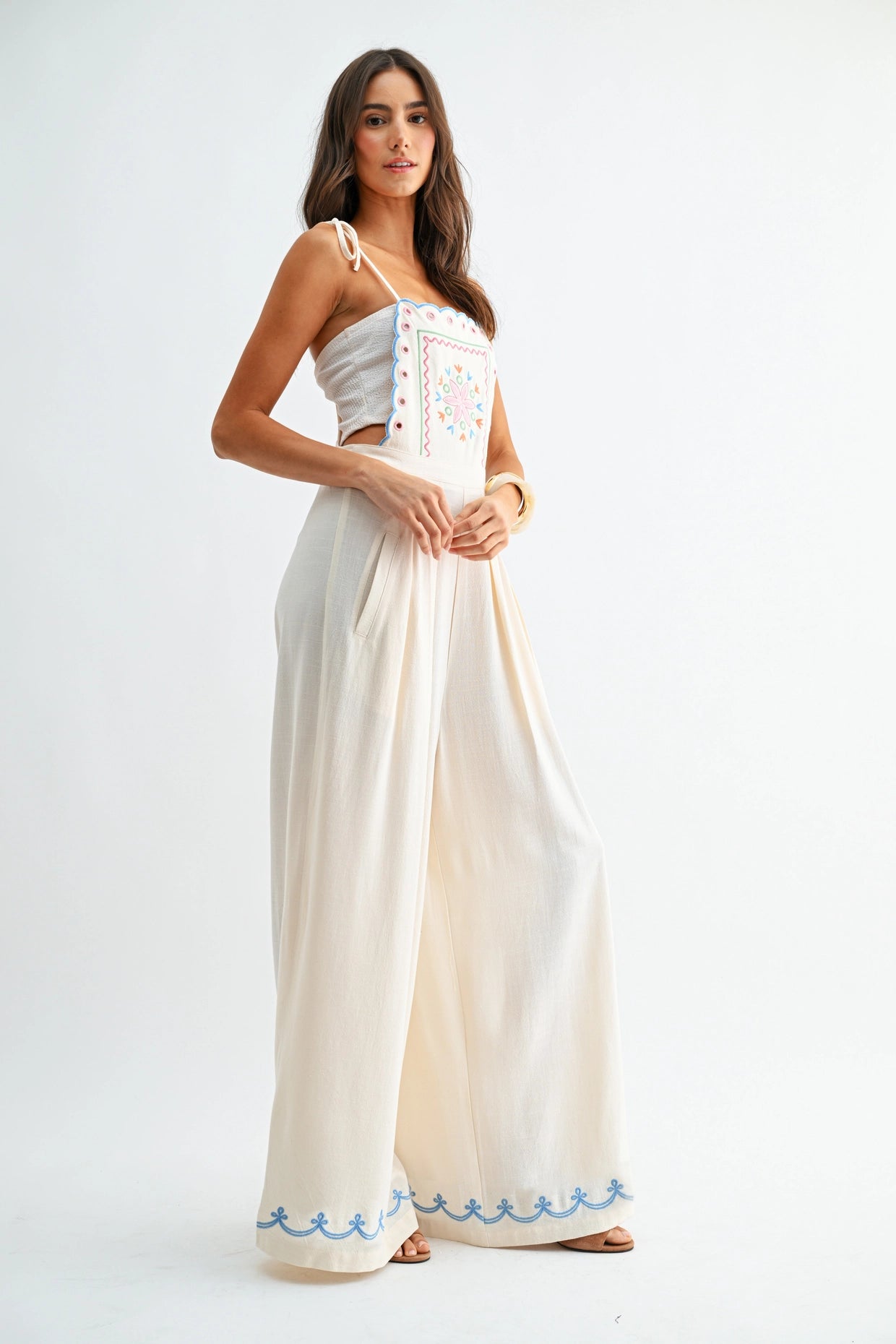 Linen Blend Embroider Detail Wide Leg Jumpsuit