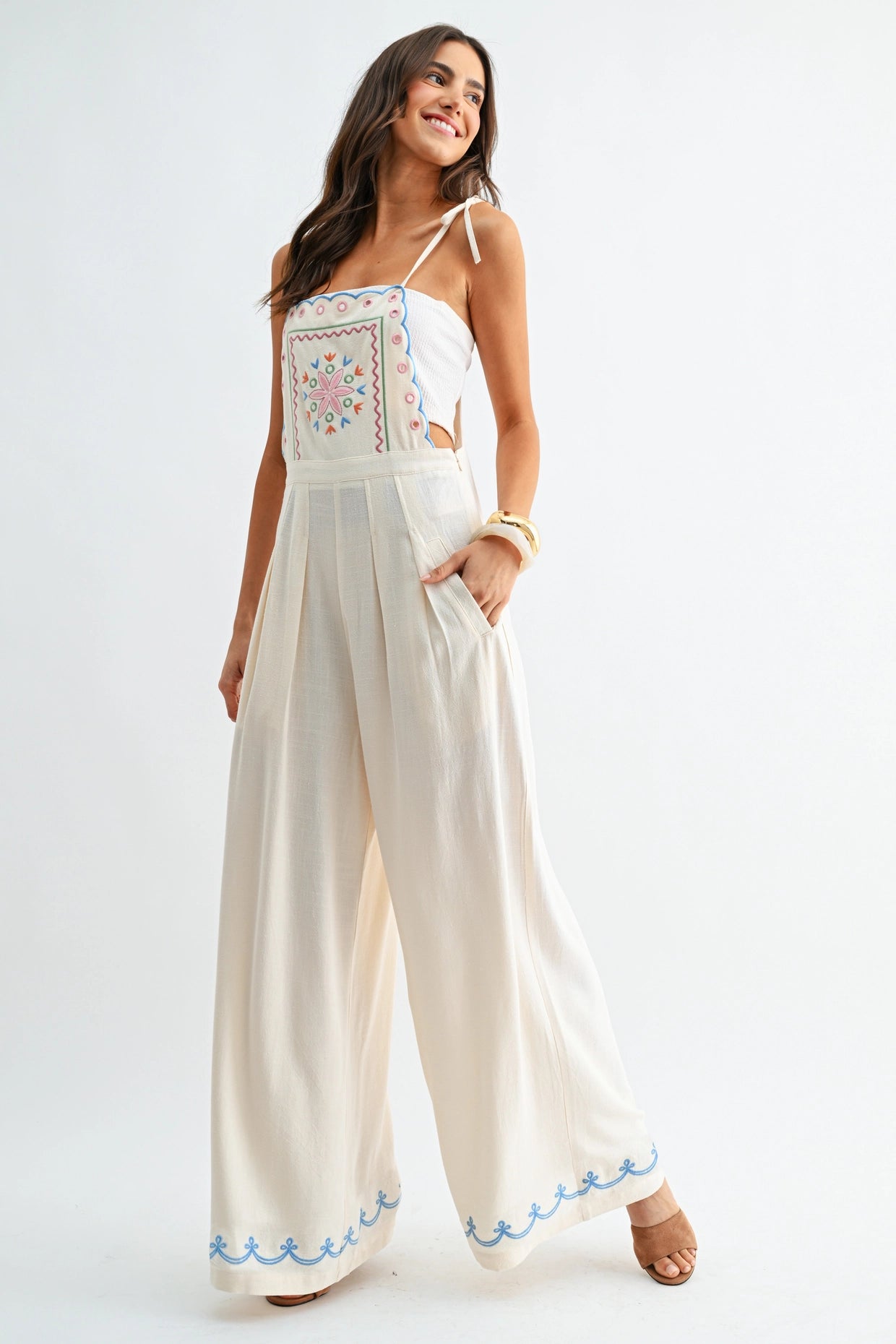 Linen Blend Embroider Detail Wide Leg Jumpsuit