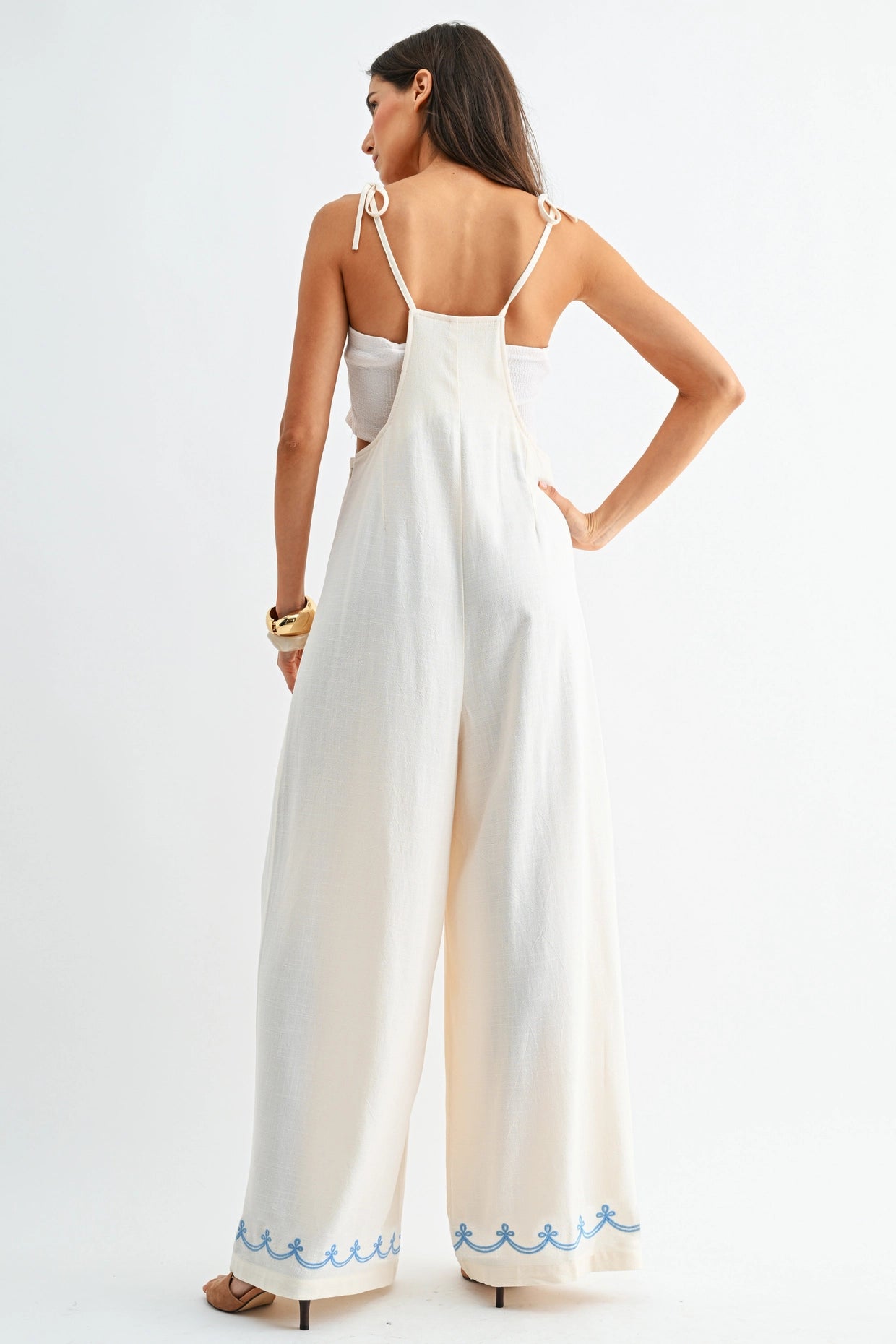 Linen Blend Embroider Detail Wide Leg Jumpsuit