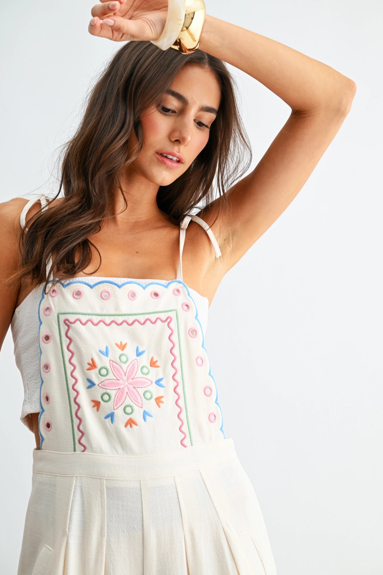 Linen Blend Embroider Detail Wide Leg Jumpsuit