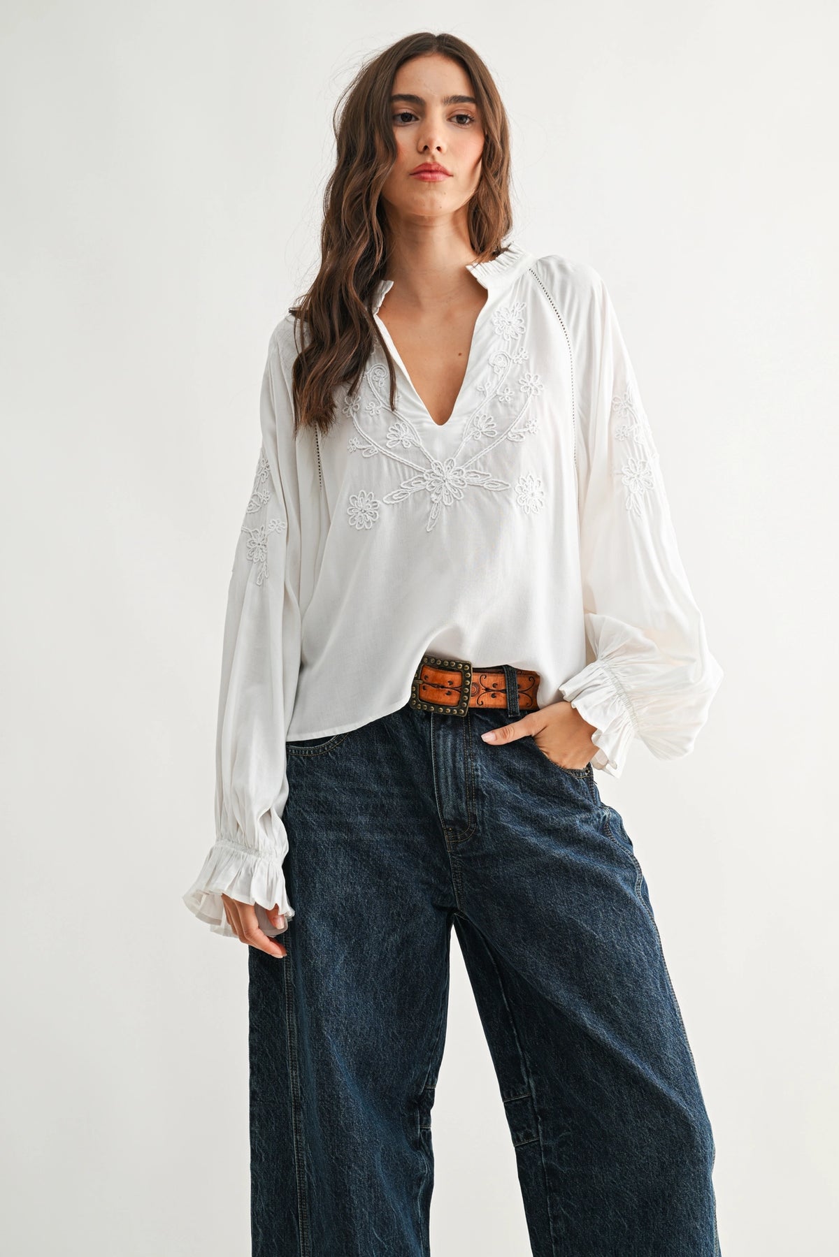 Boho-Chic Embroidered White Peasant Blouse