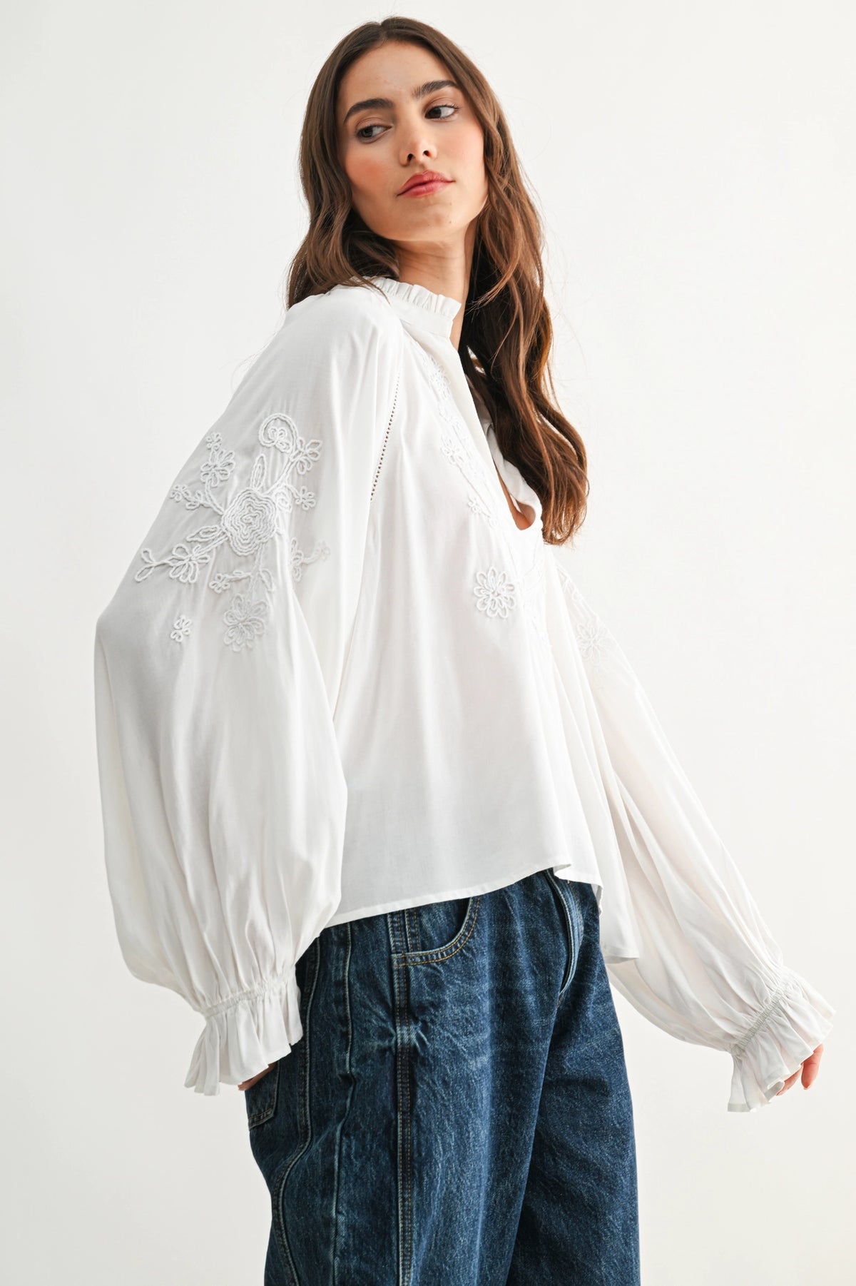 Boho-Chic Embroidered White Peasant Blouse