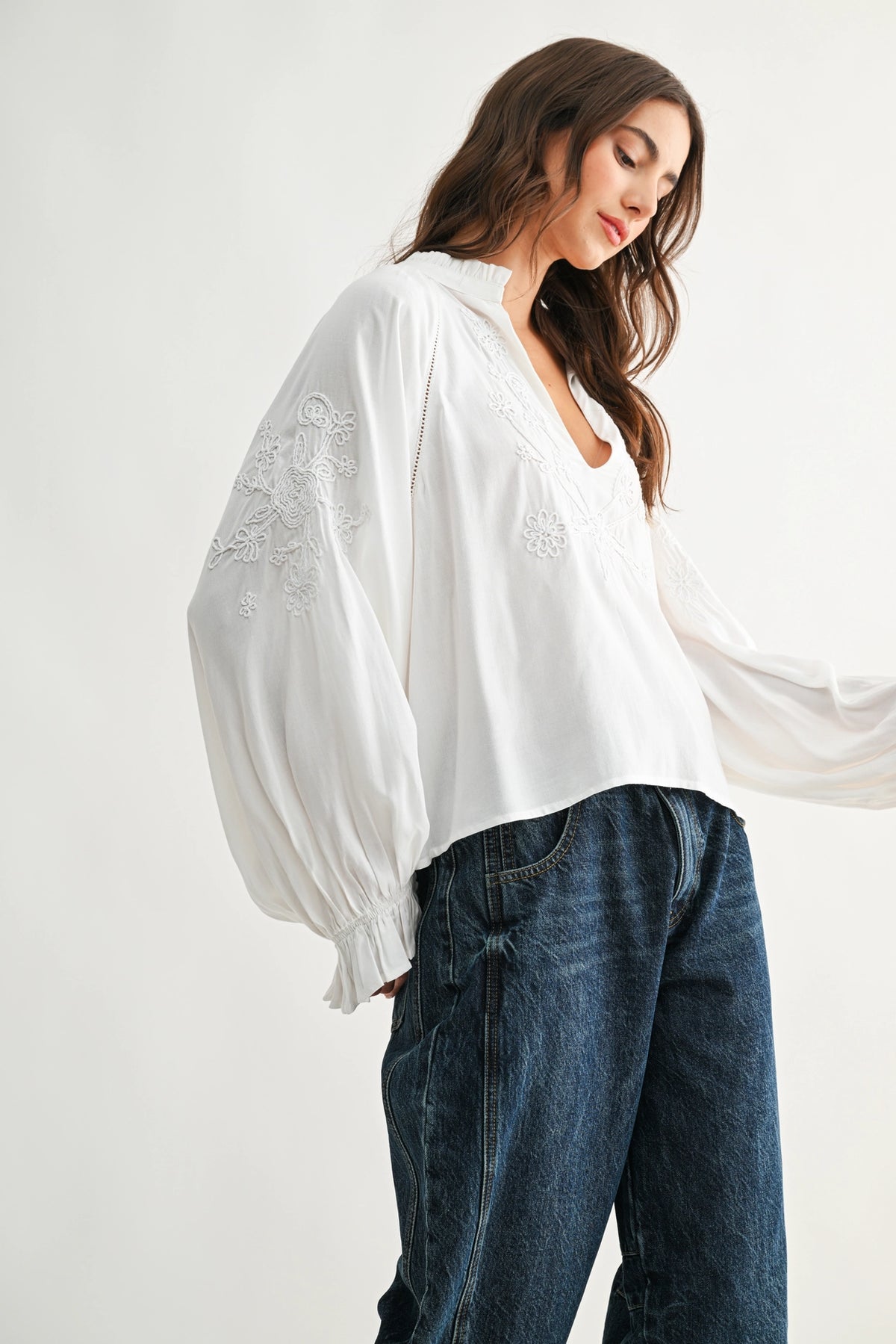 Boho-Chic Embroidered White Peasant Blouse