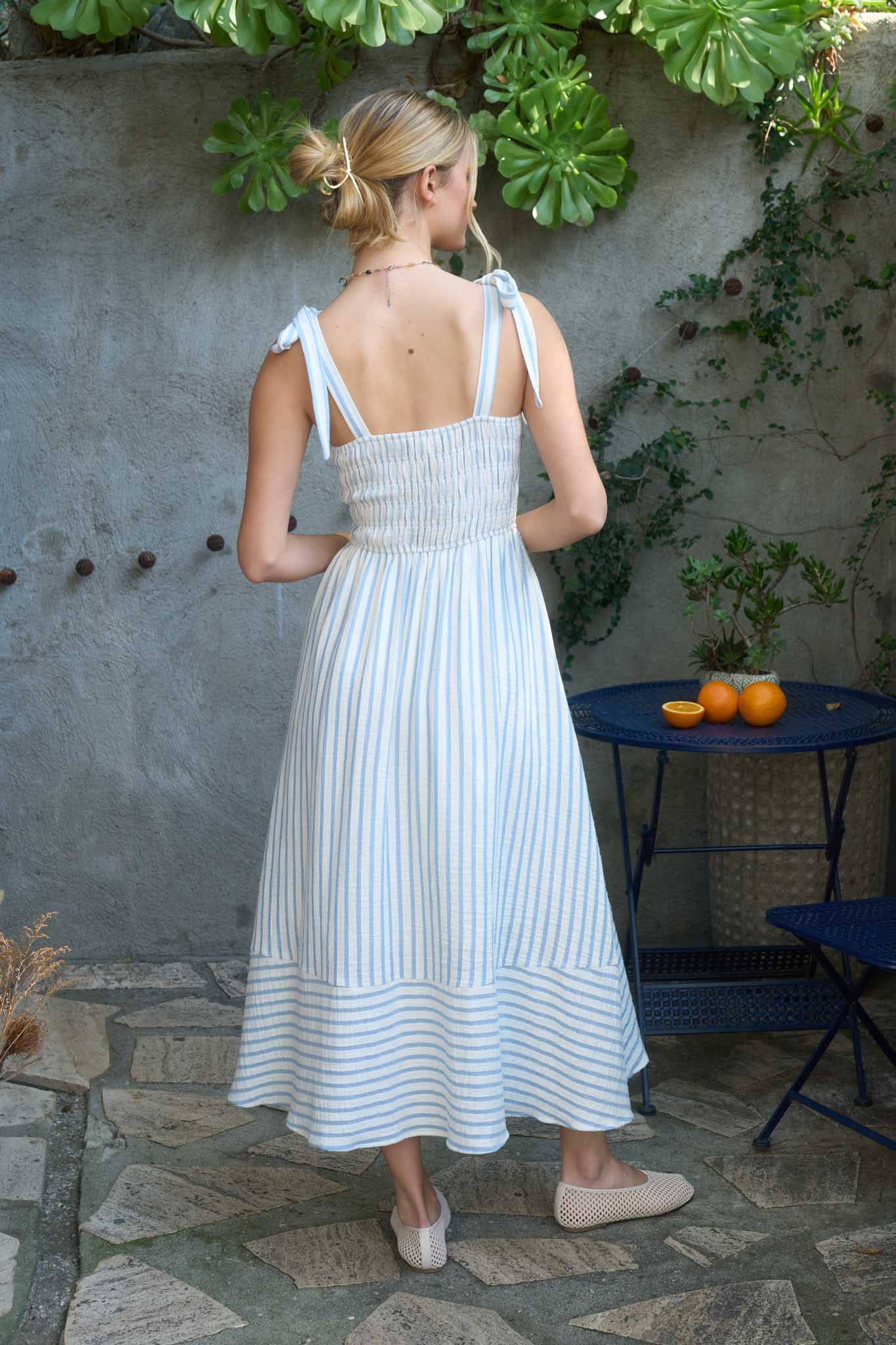 Striped Tie Strap Basque Waist Dress Large