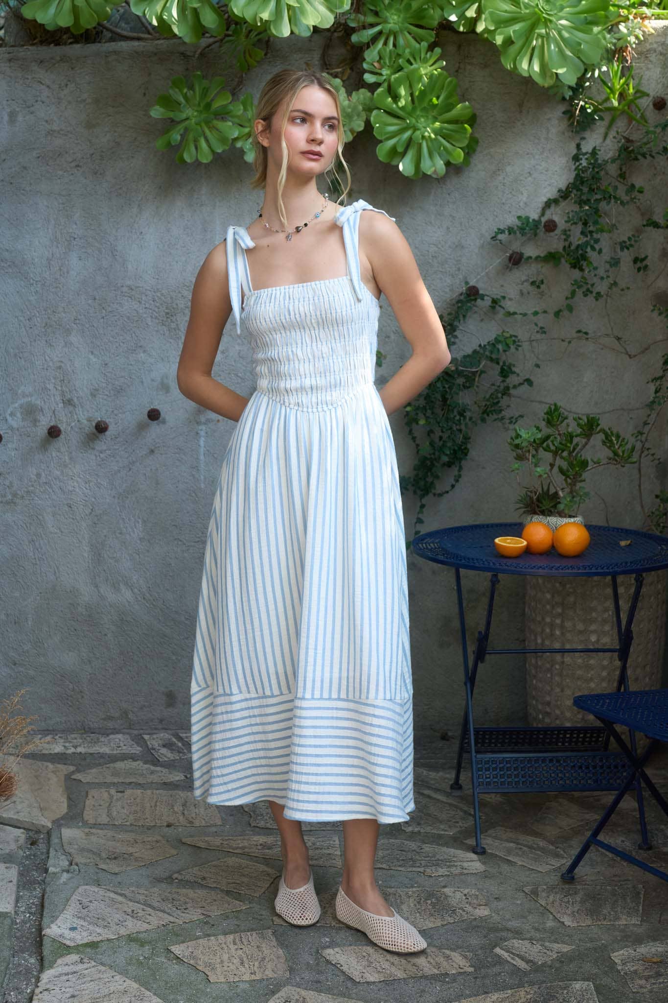 Striped Tie Strap Basque Waist Dress