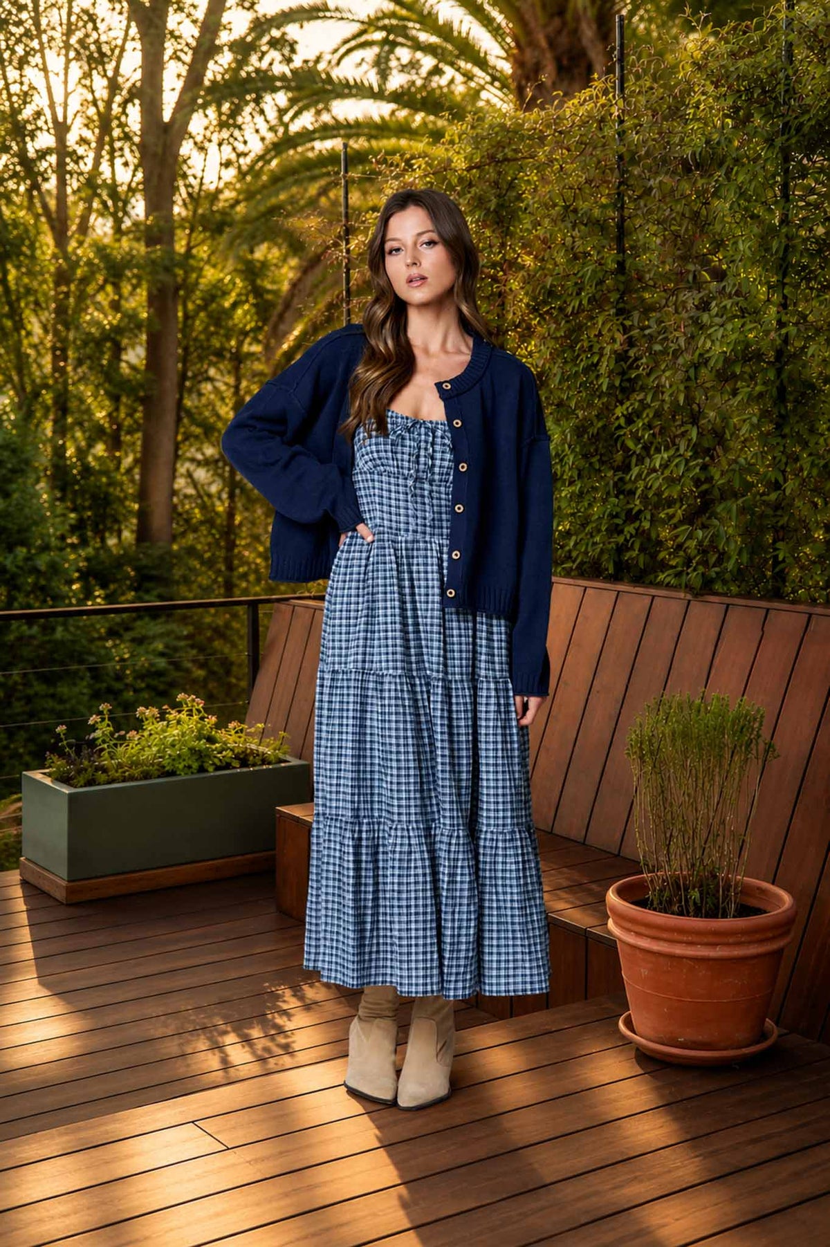 PLAID FRONT TIE CORSET MIDI DRESS