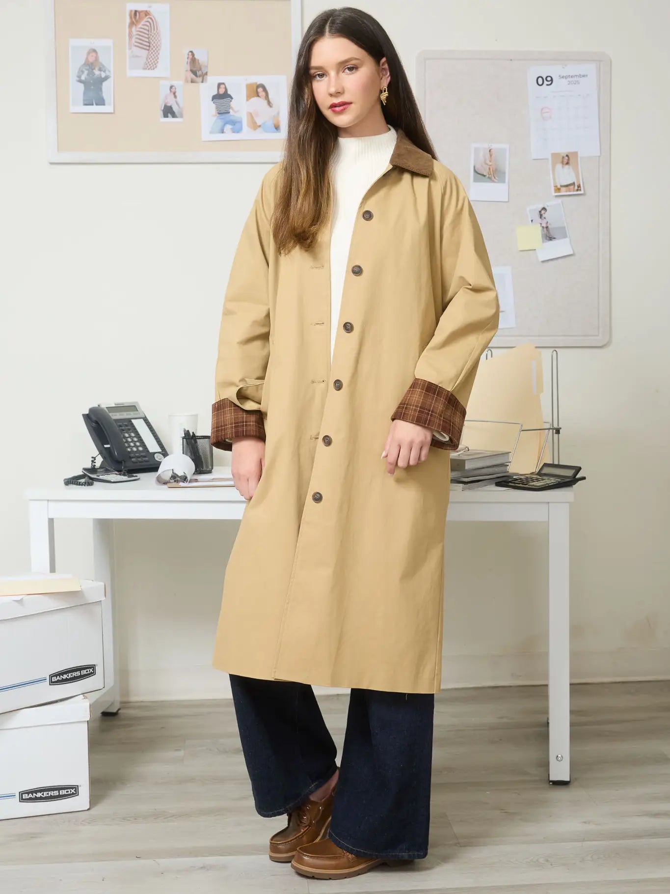 Tan Trench Coat with Plaid Detail