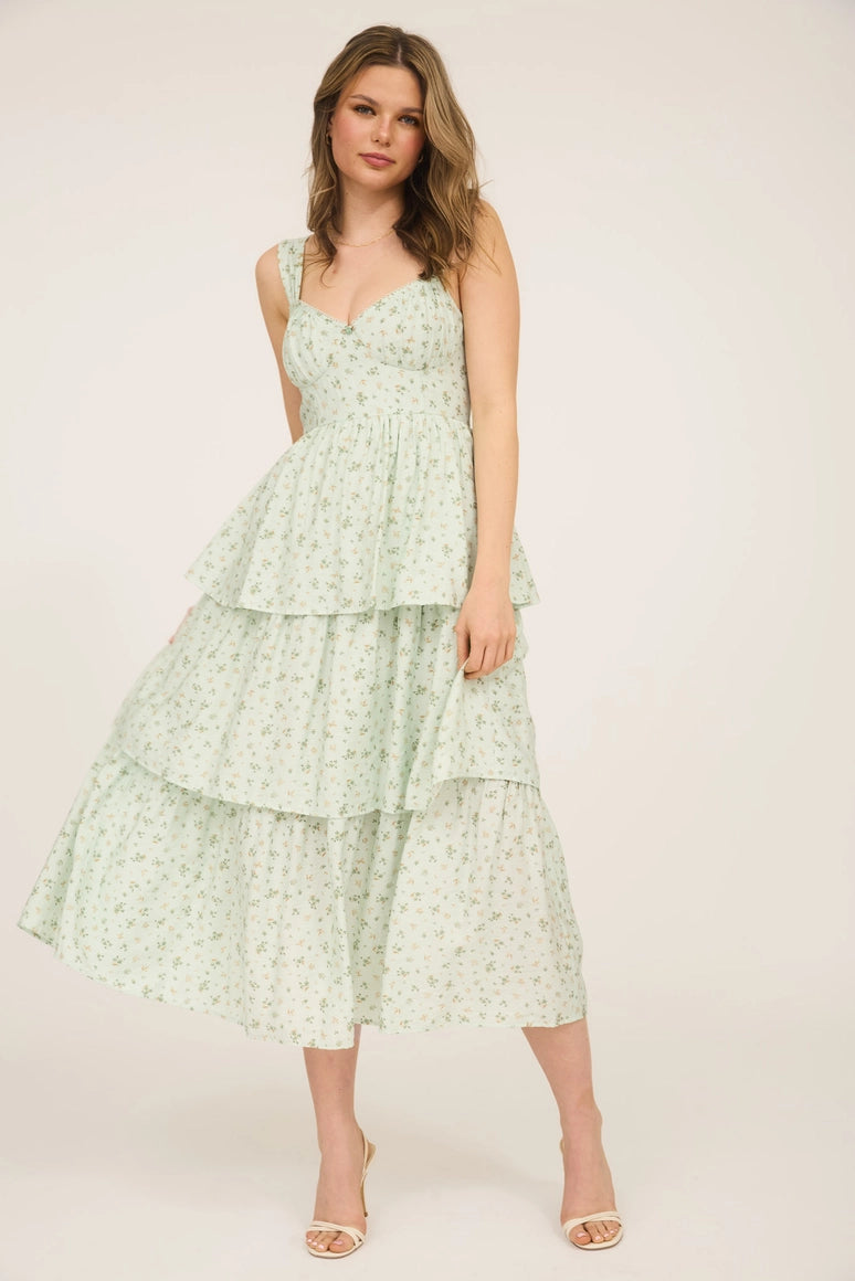 Floral Sleeveless Corset Ruffle Midi Dress Large / Blue Floral Sleeveless Corset Ruffle Midi Dress Large / Blue