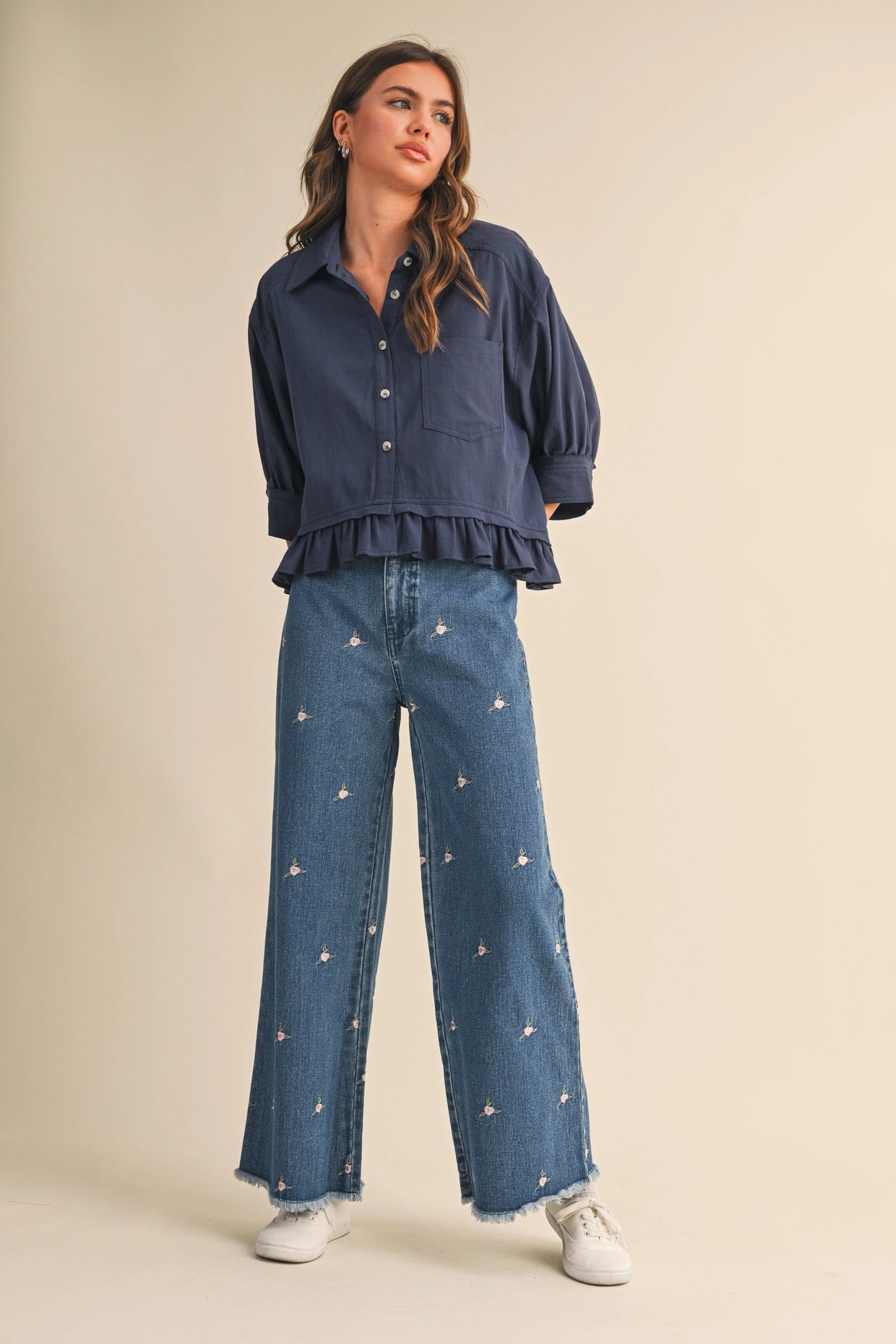 Embroidered Floral Denim Pants with Raw Hem