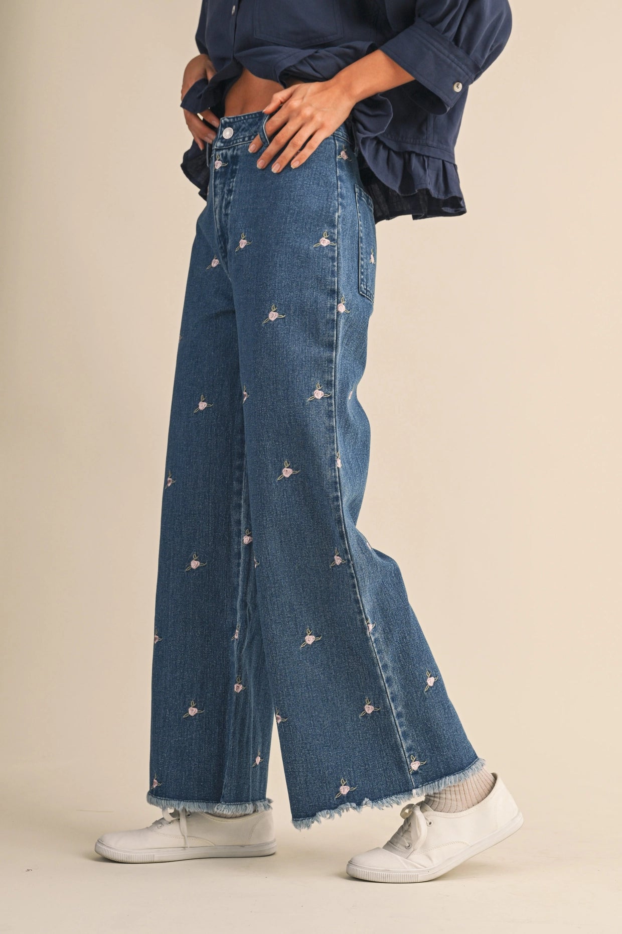 Embroidered Floral Denim Pants with Raw Hem