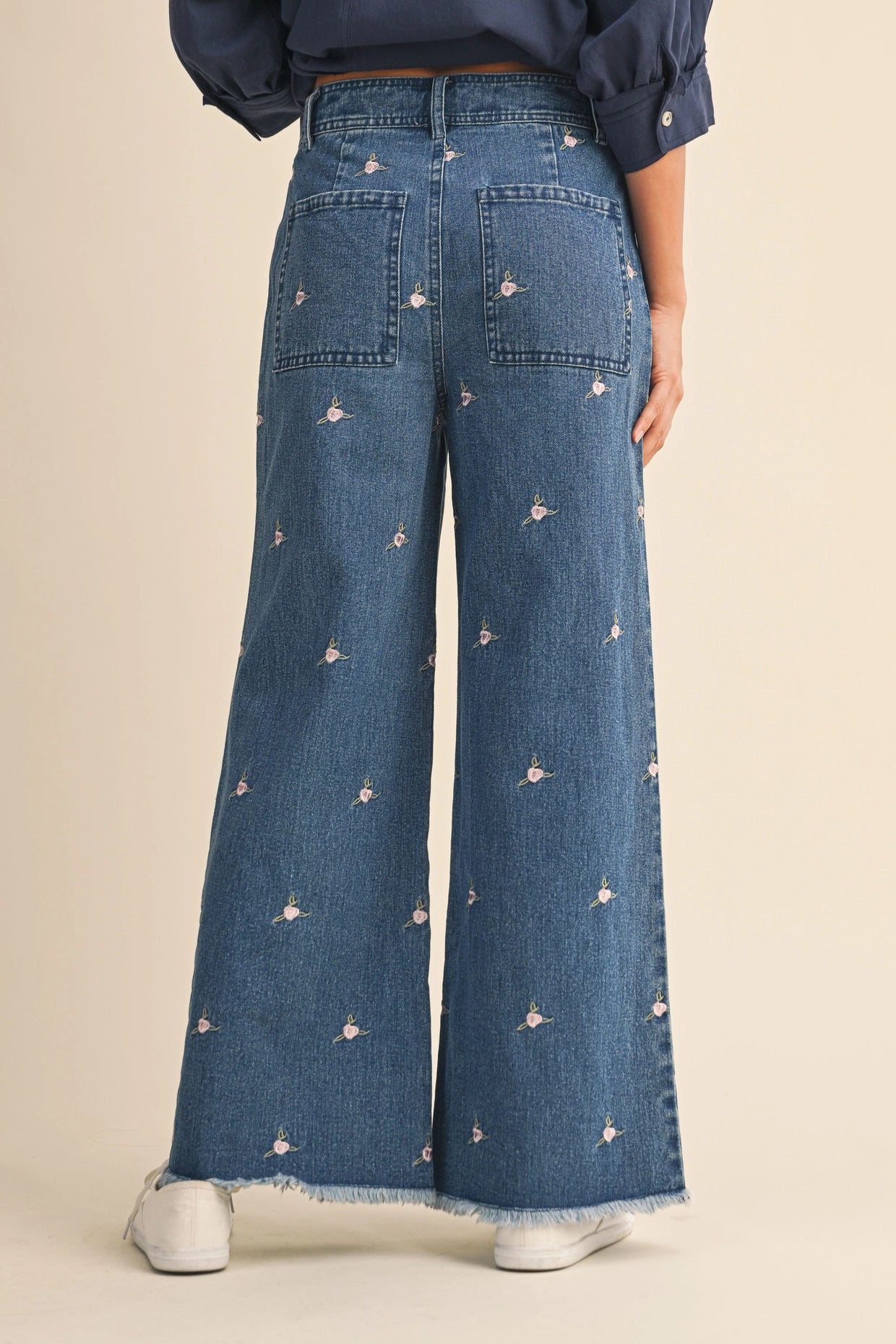 Embroidered Floral Denim Pants with Raw Hem